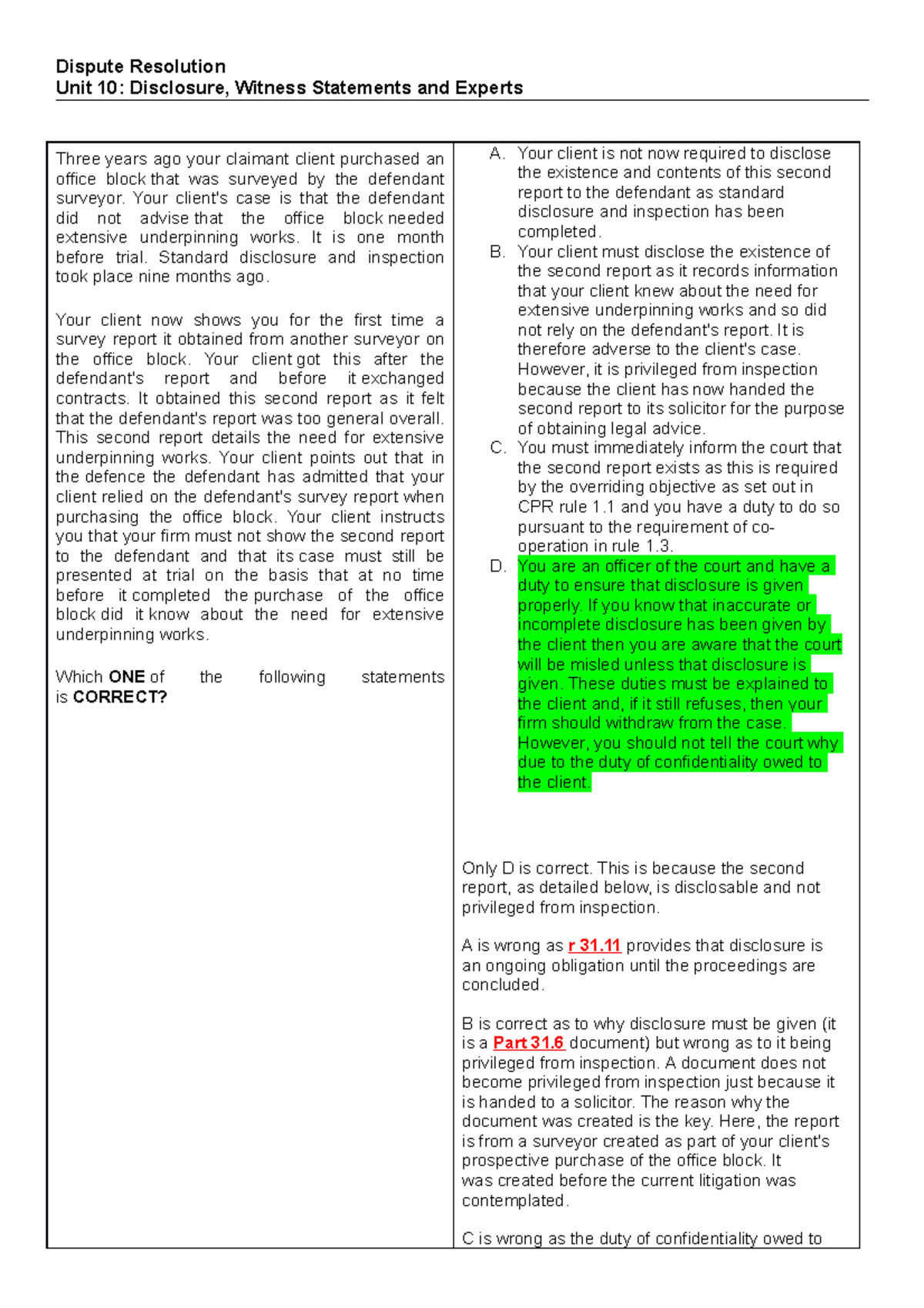 MCQs - test and feedback answers - Dispute Resolution Unit 10 ...