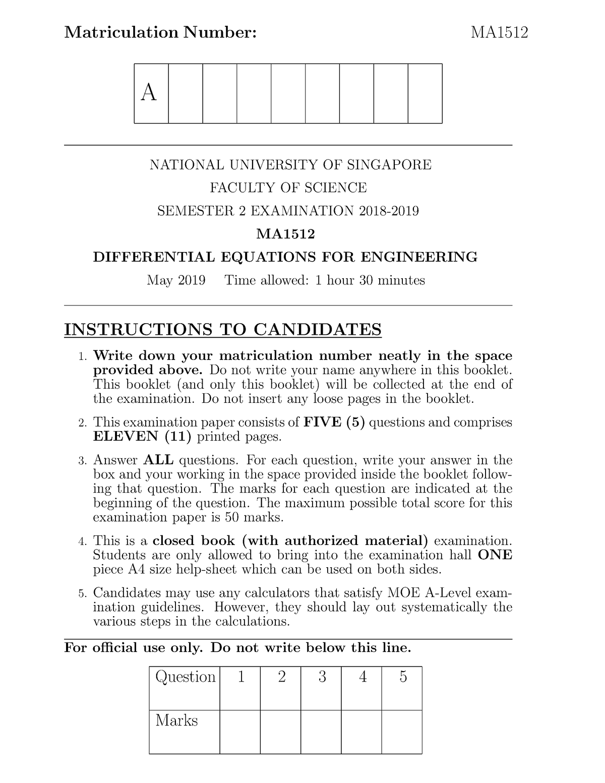 1819SEM2-partsoln - past year paper - Matriculation Number: MA A ...