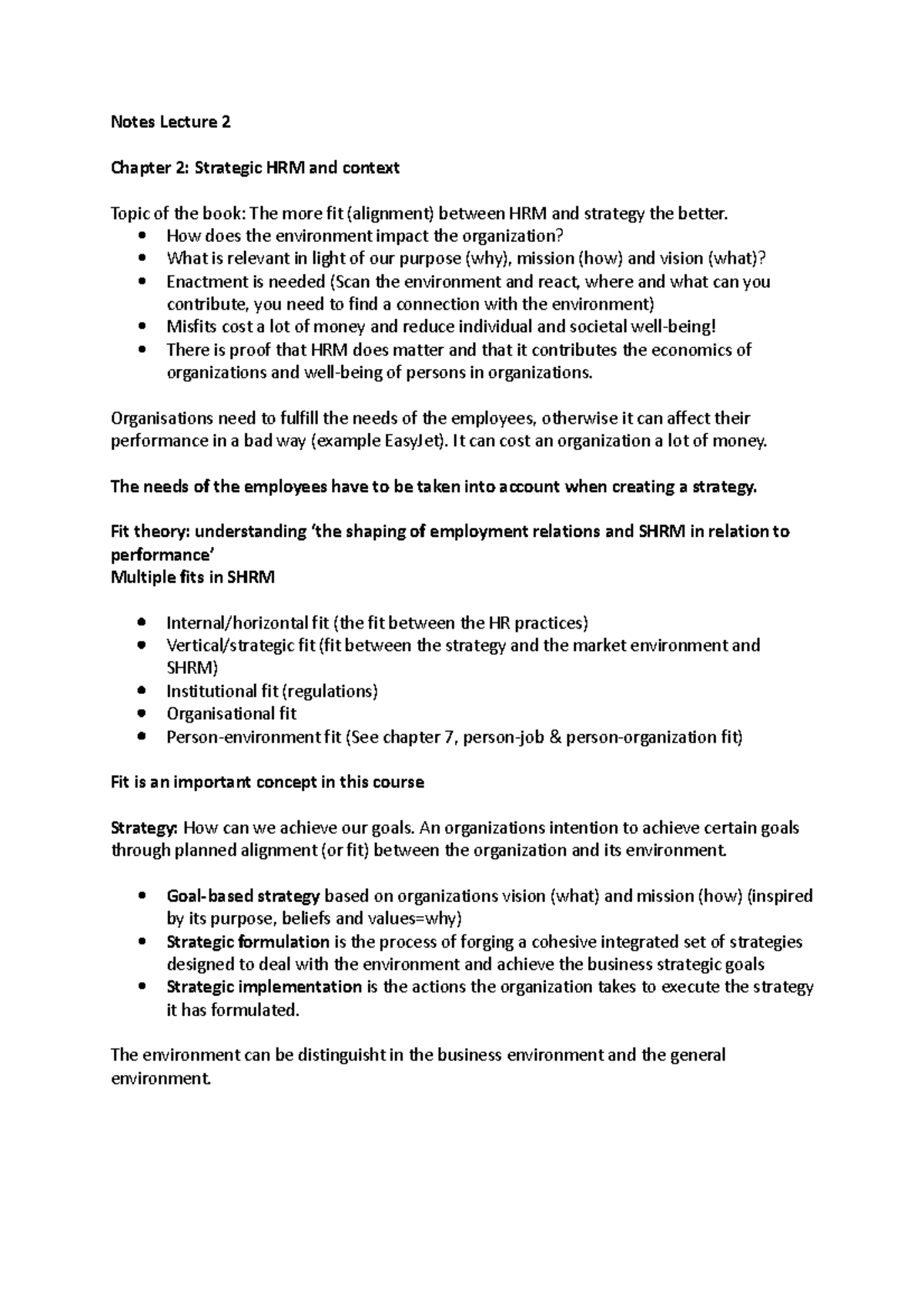 Strategic HRM Lecture 2 - Notes Lecture 2 Chapter 2: Strategic HRM And ...