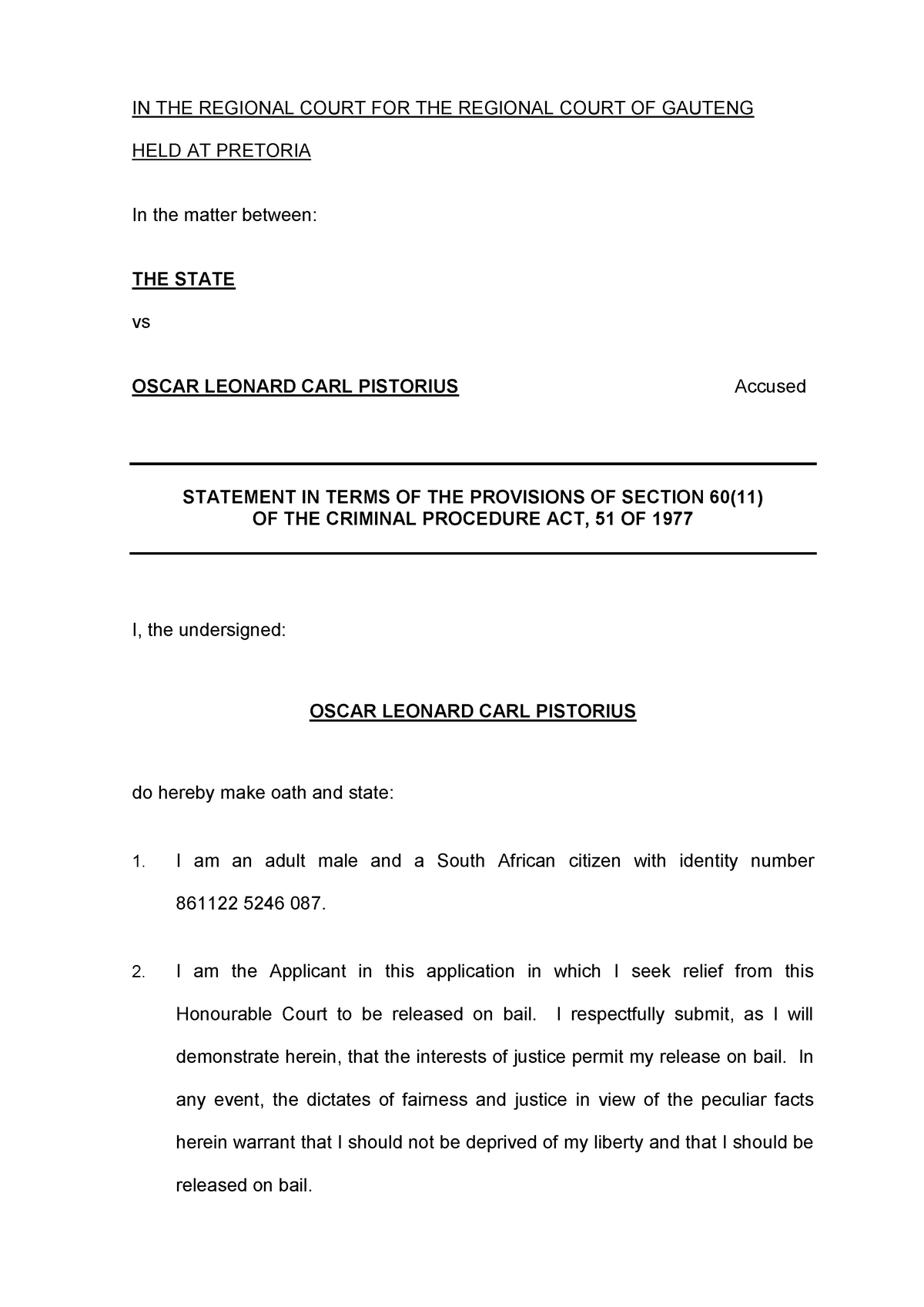 Affidavit In Support Of Bail Application IN THE REGIONAL COURT FOR 