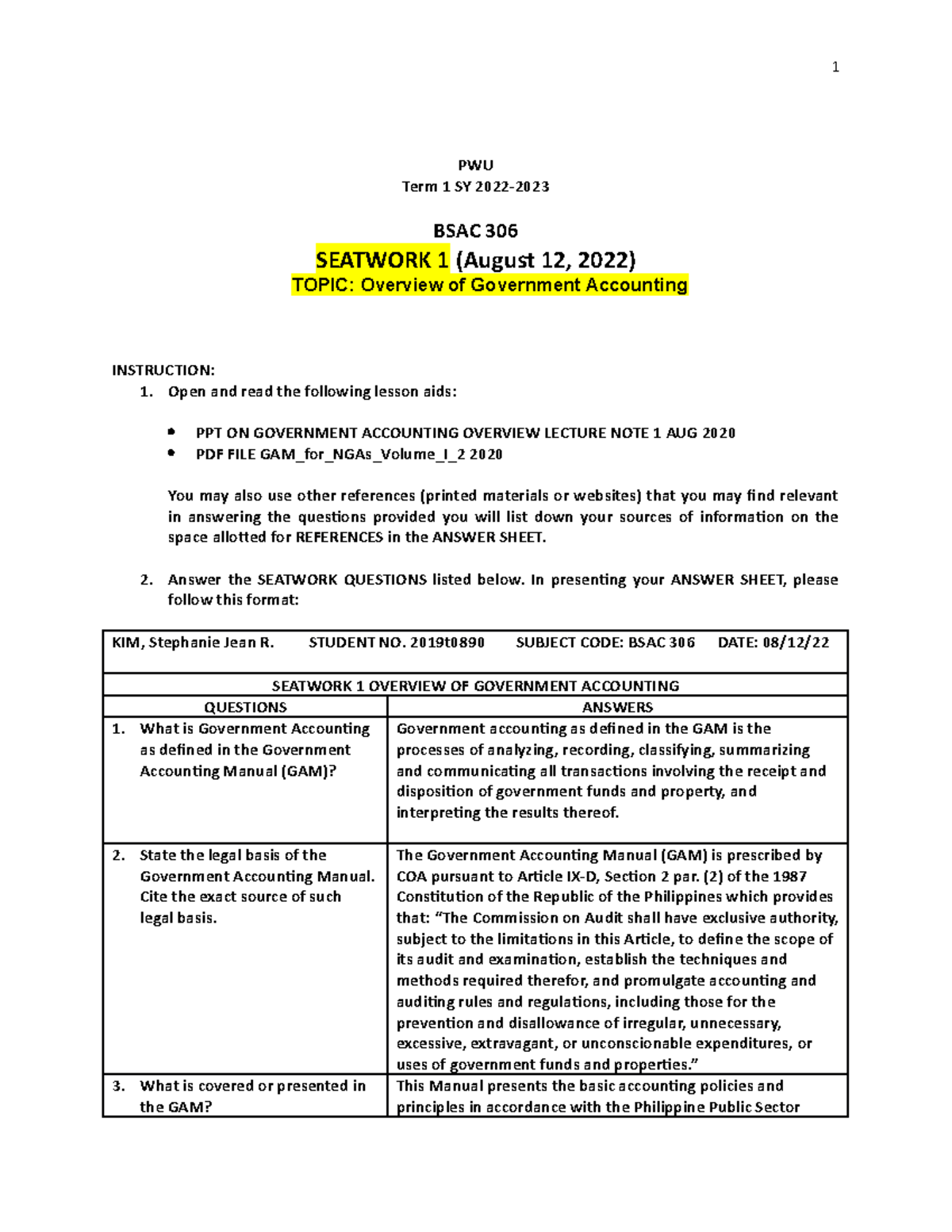 BSAC 306 Govacc Seatwork 1 Overview OF GOVT Acctg Student COPY - PWU ...