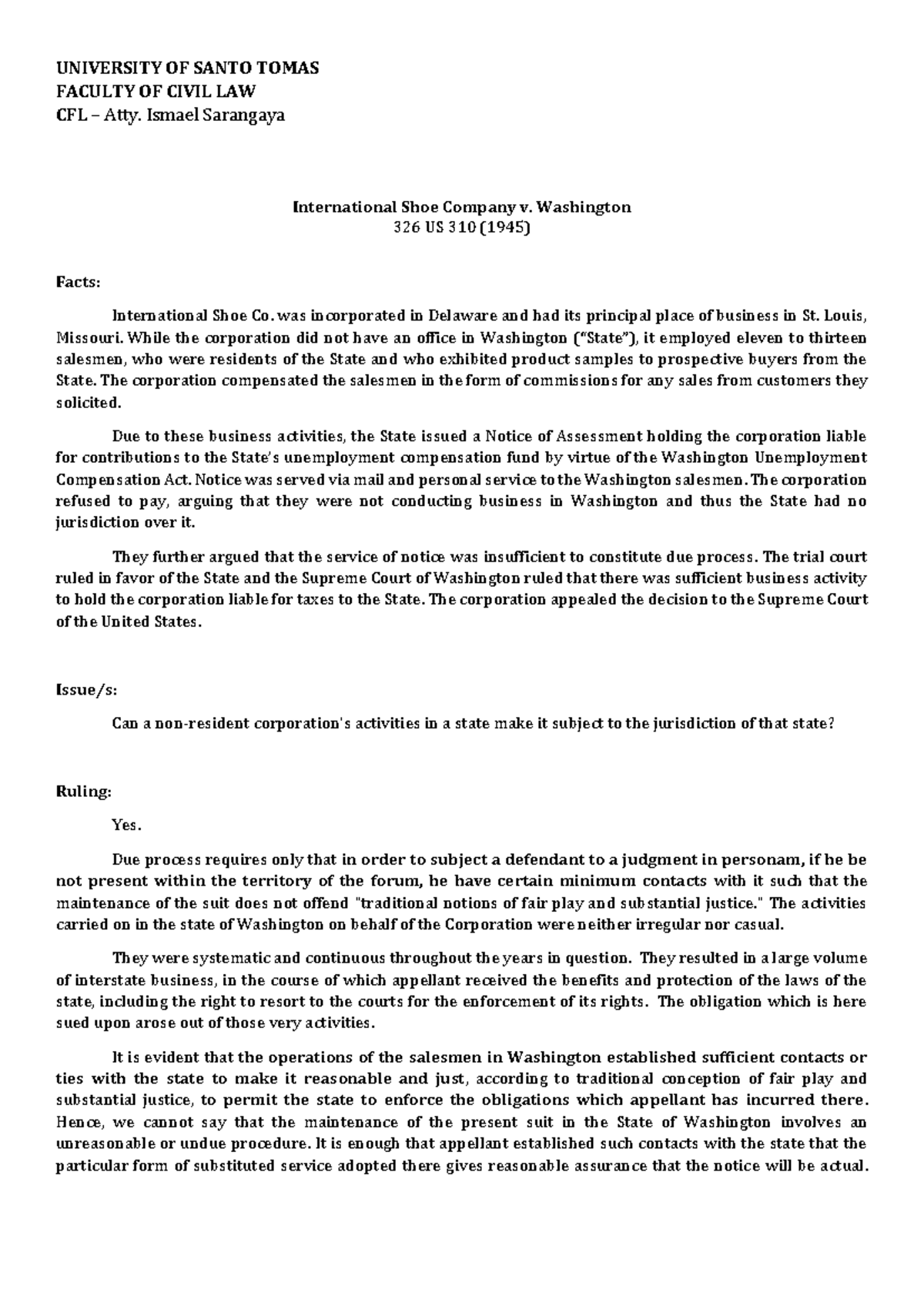 12. International Shoe Company v. Washington UNIVERSITY OF SANTO