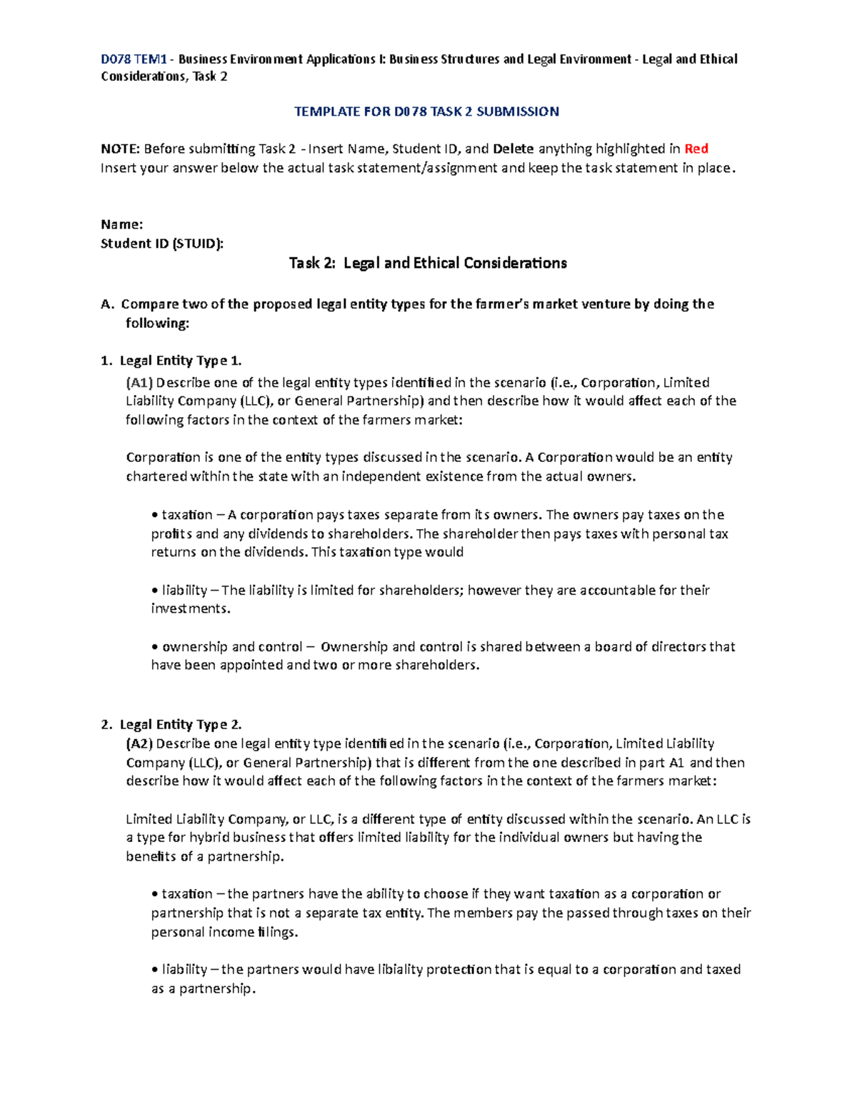 D078 Task 2 Template and Outline for Submission - D078 TEM1 - Business ...