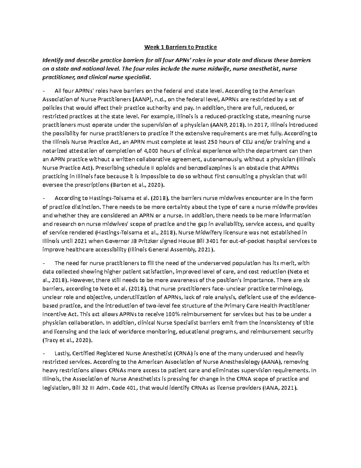 Week 1 Barriers to Practice Week 1 Barriers to Practice Identify and