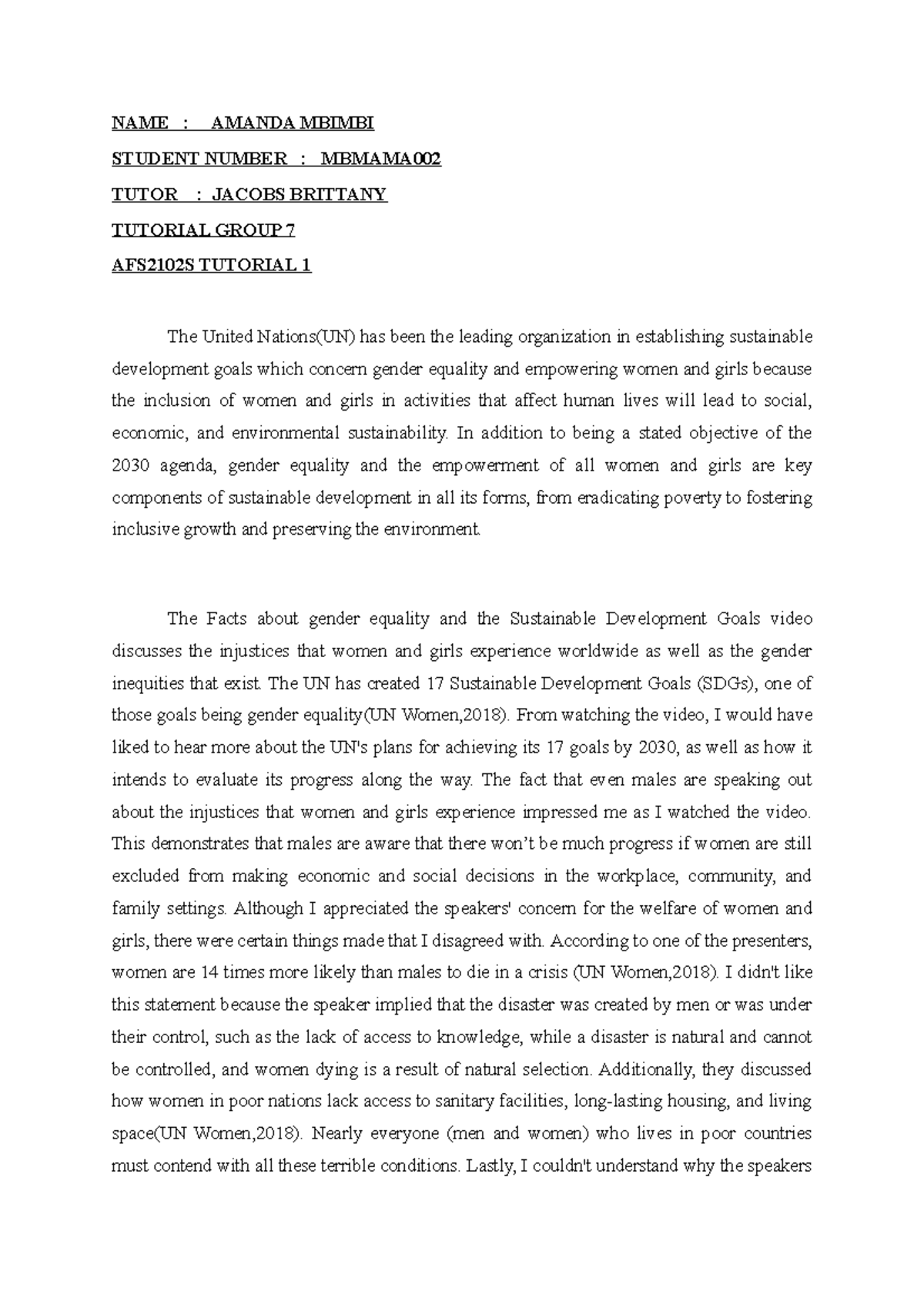 Mbmama 002 AFS TUT ONE - gender studues essay about united nations and ...