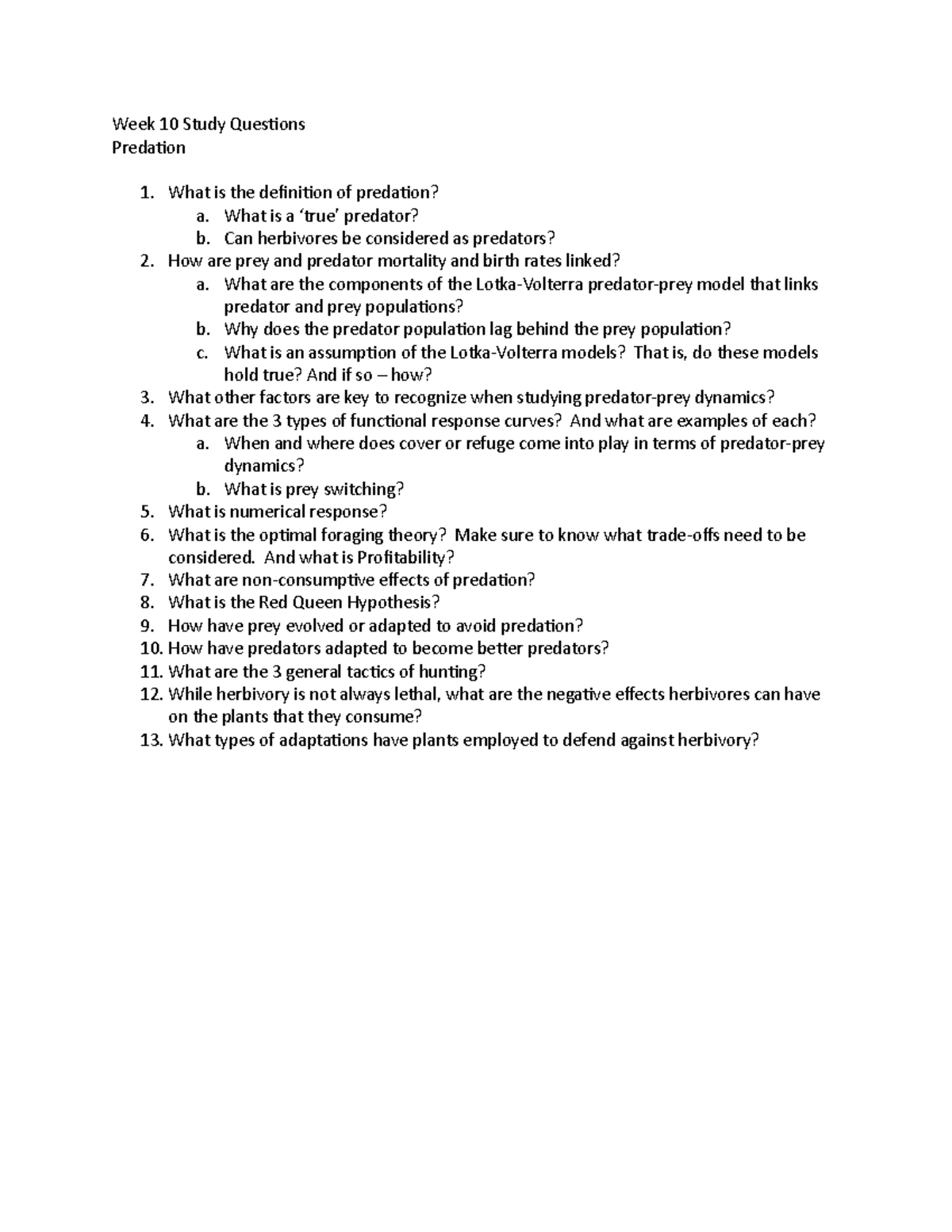 Week 9 Study Questions Predation - Week 10 Study Questions Predation ...