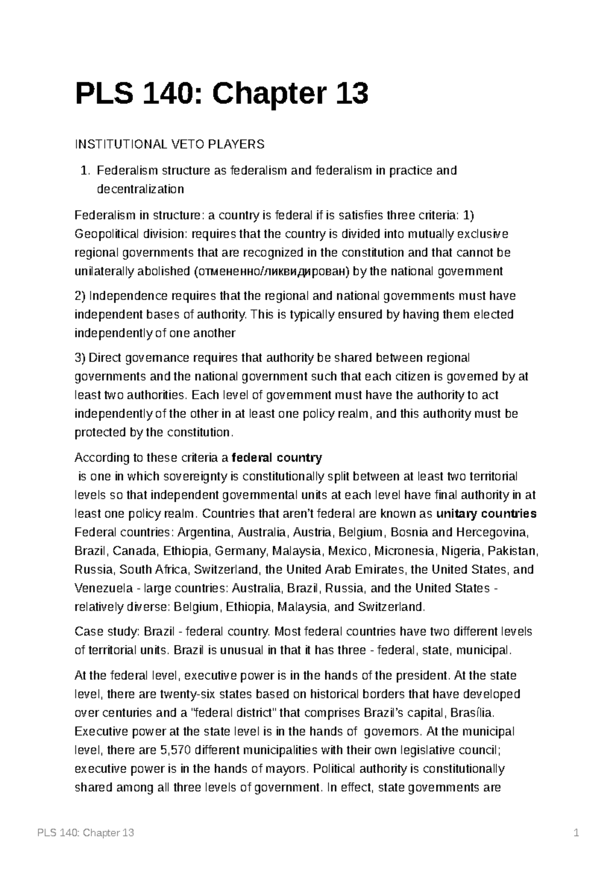 PLS 140 Chapter 13 - PLS 140: Chapter 13 INSTITUTIONAL VETO PLAYERS ...