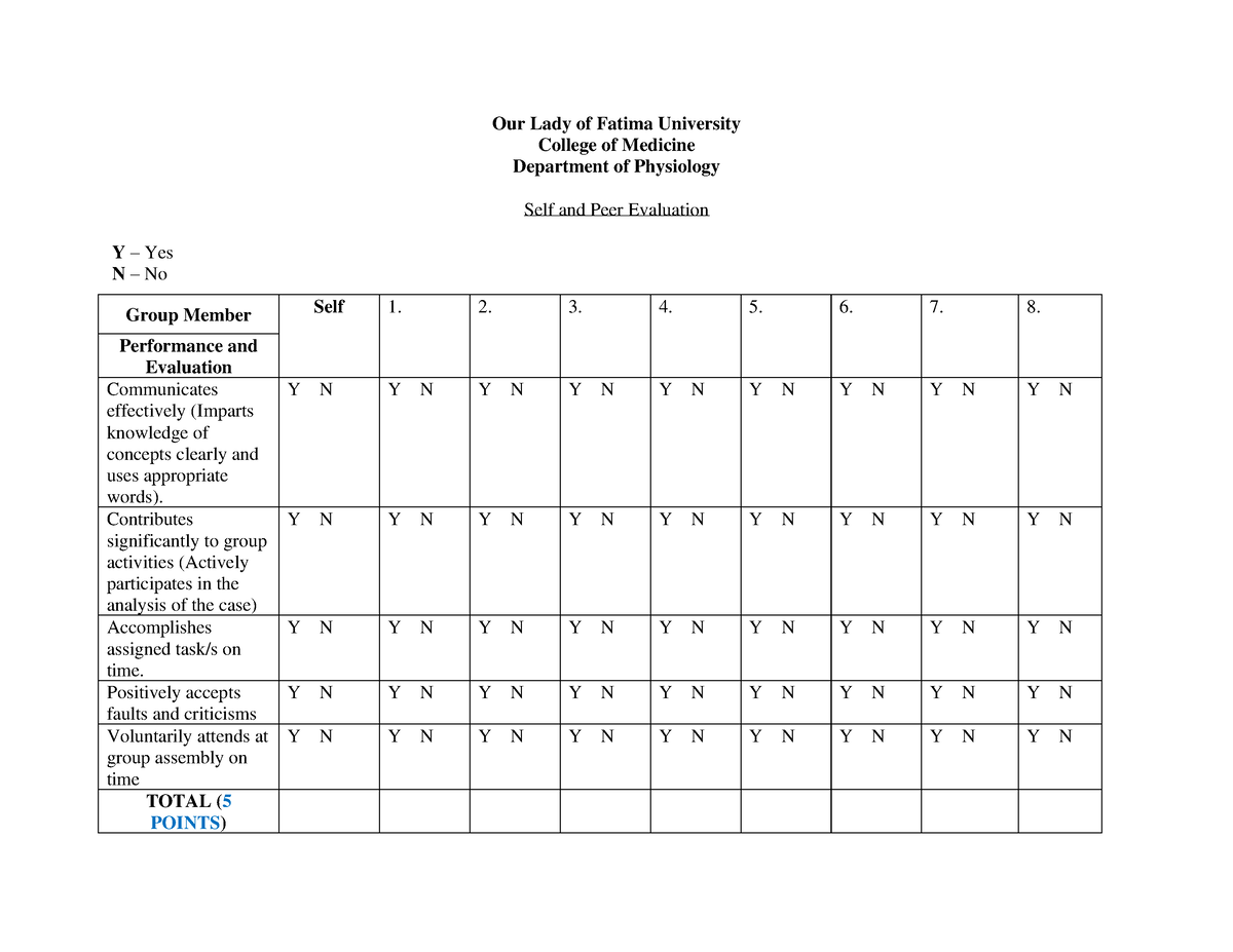 Self and Peer Evaluation - Copy - Our Lady of Fatima University College ...