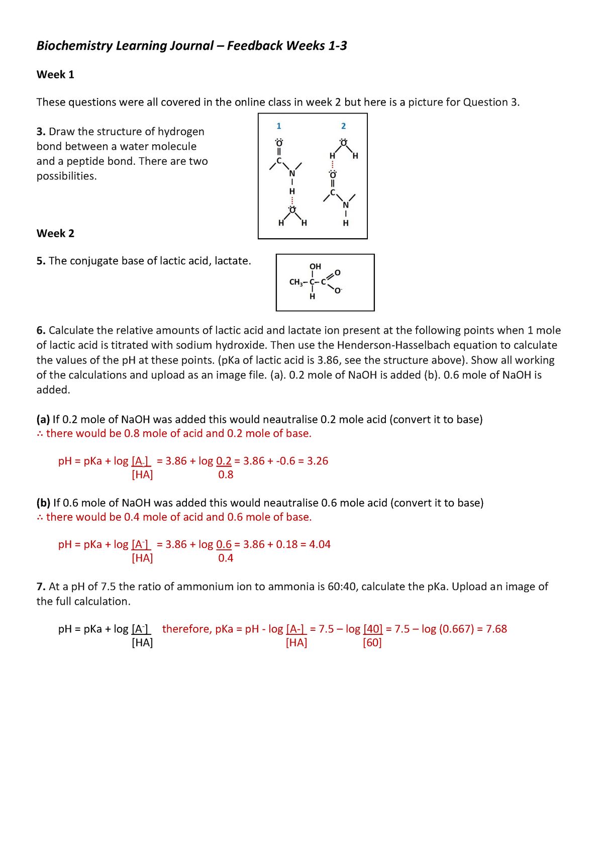 Biochemistry Learning Journal - Feedback Weeks 1-3 - Griffith - Studocu