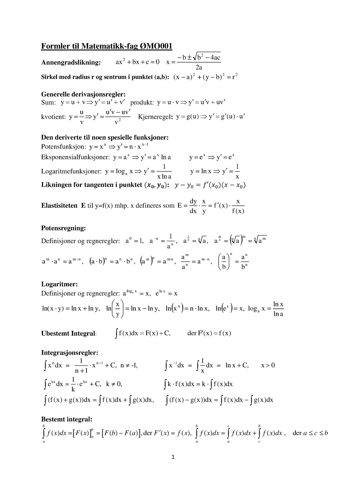 Formelark H18 Sammendrag Matematikk Studocu