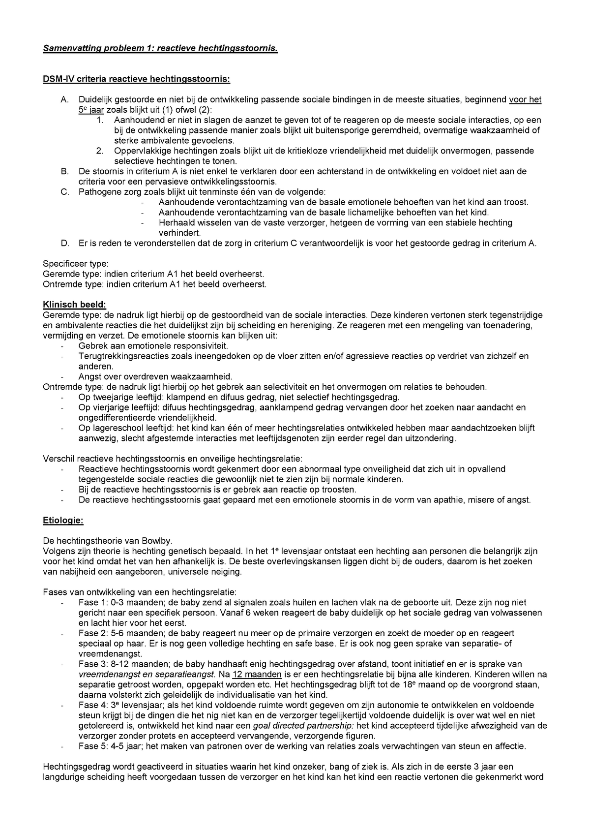 Samenvatting Kinder En Jeugdpsychopathologie Ggz2001 Werkgroep En Studeersnel