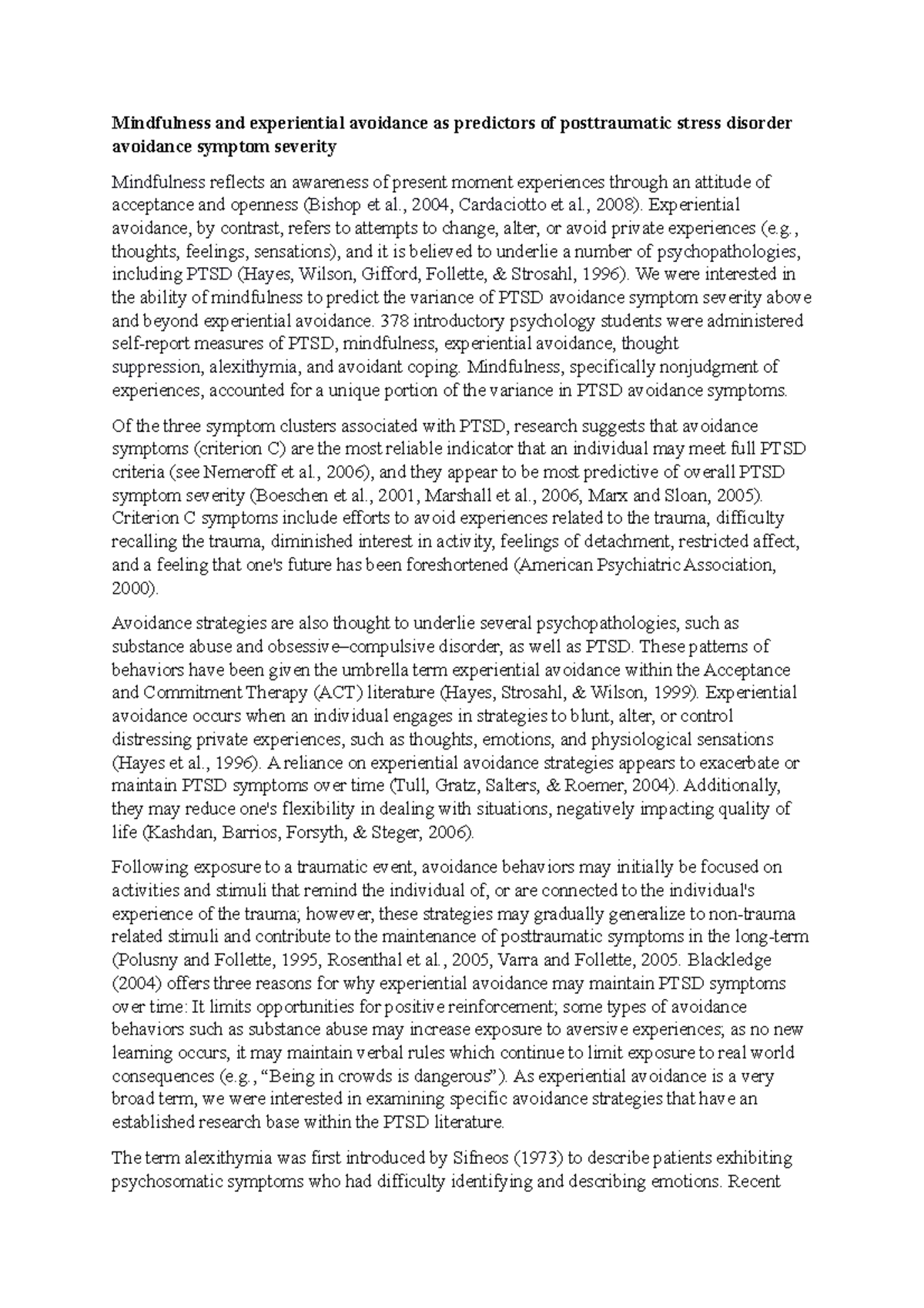 Mindfulness and experiential avoidance as predictors of posttraumatic ...