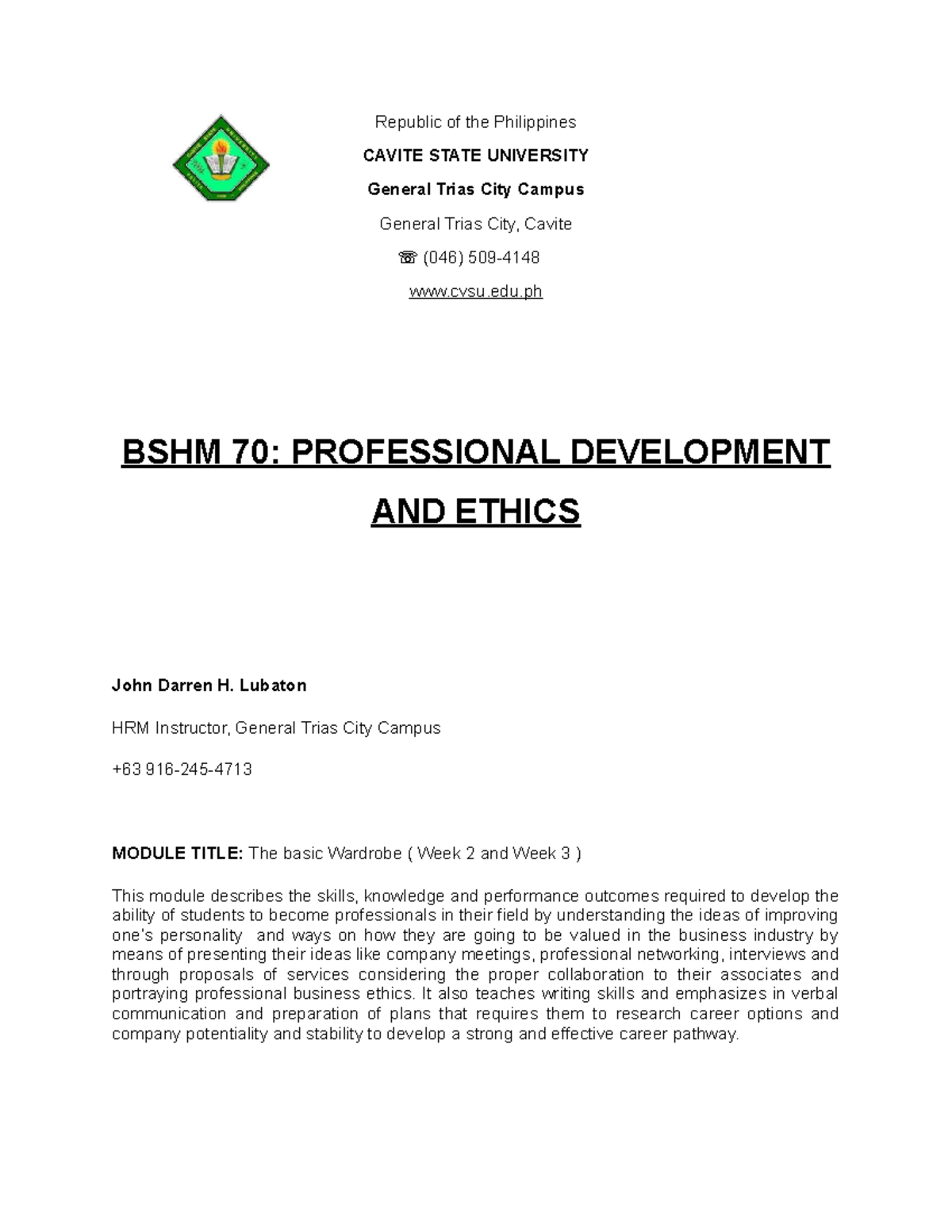 Module 2 Basic Wardrobe - Republic of the Philippines CAVITE STATE ...