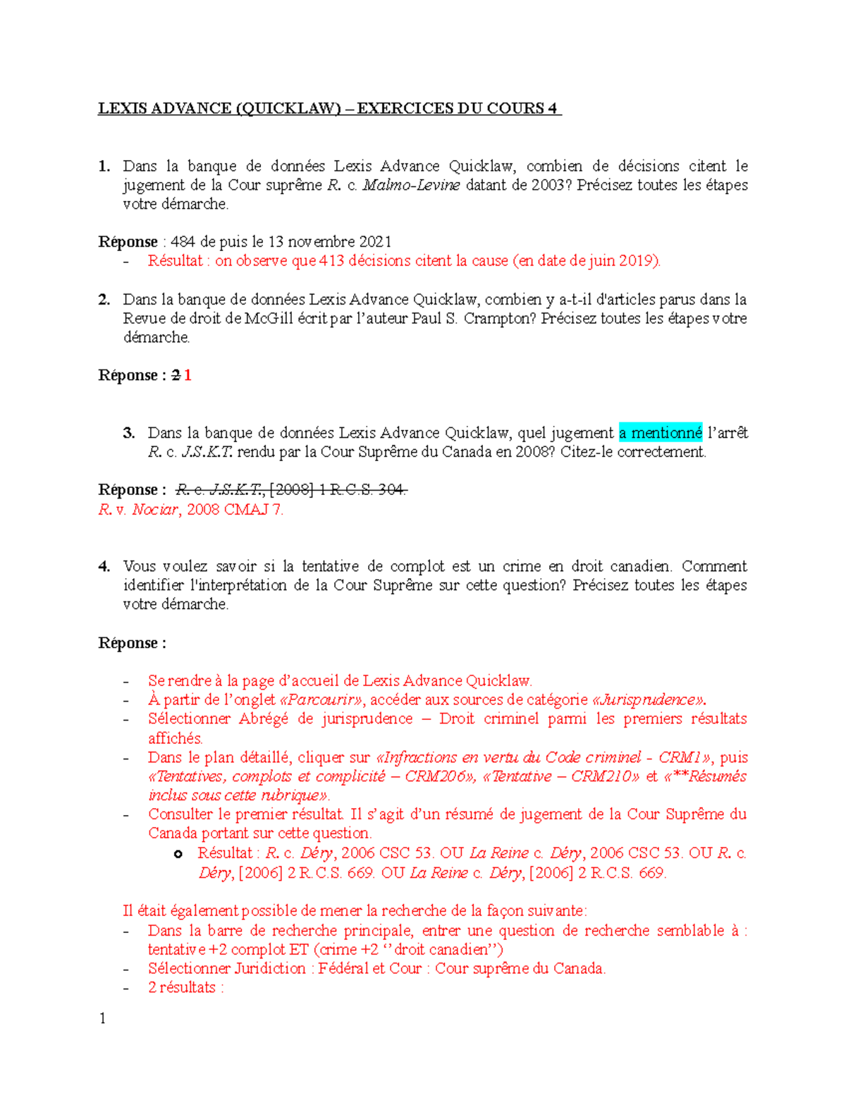 Exercices cours 4 - corrigés - LEXIS ADVANCE (QUICKLAW) – EXERCICES DU ...