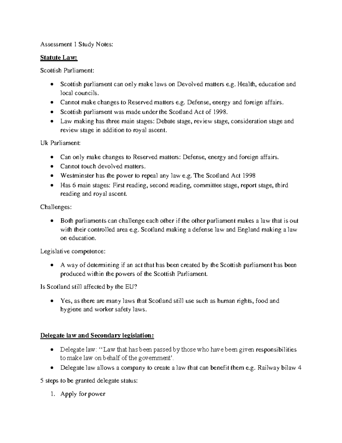 Scottish legal Assessment 1 notes - Assessment 1 Study Notes: Statute ...