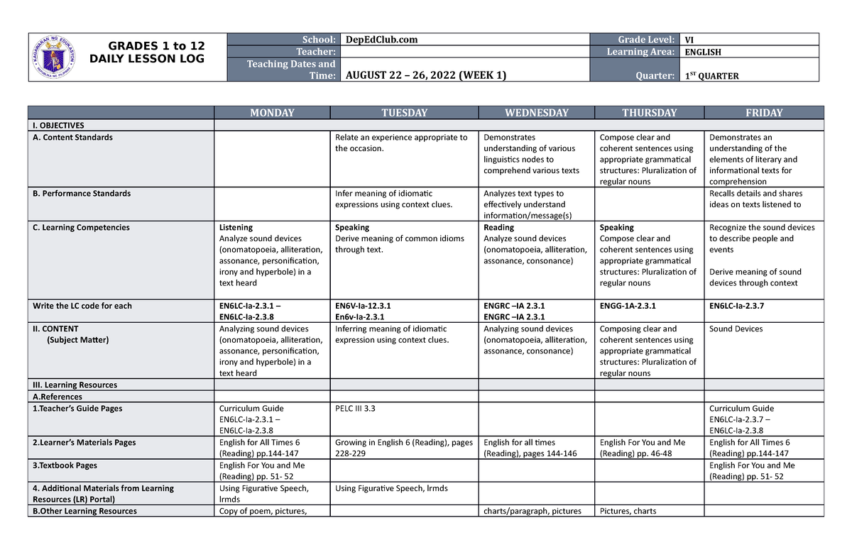 DLL English 6 Q1 W1 - This Is A Sample Of DLL - GRADES 1 To 12 DAILY ...