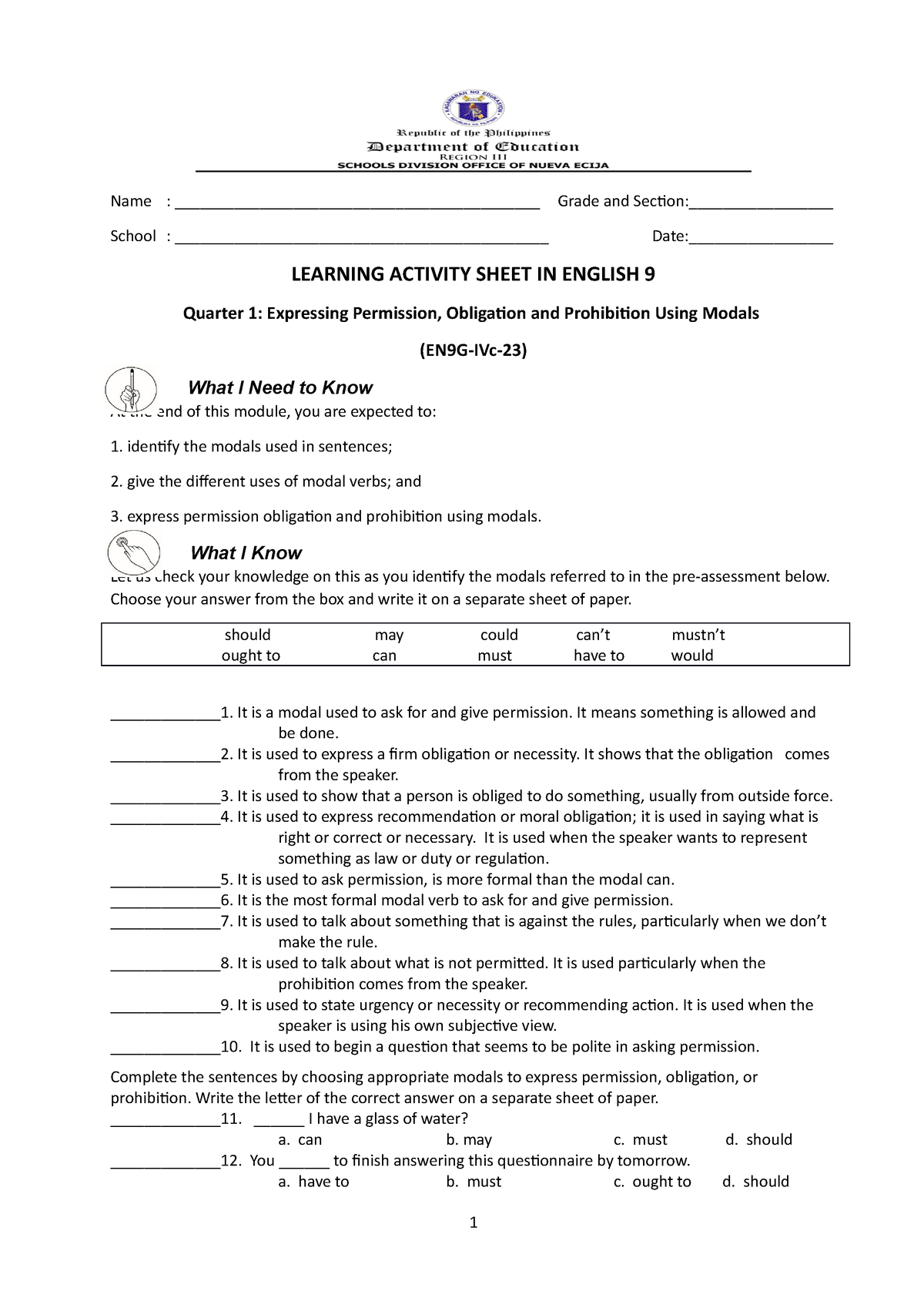 WEEK 1 English 9 - Modules - Name ...