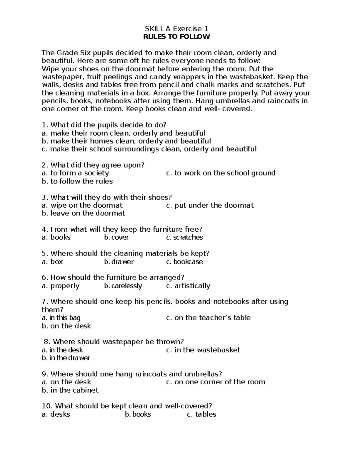 Developing Reading 6 - SKILL A Exercise 1 RULES TO FOLLOW The Grade Six ...