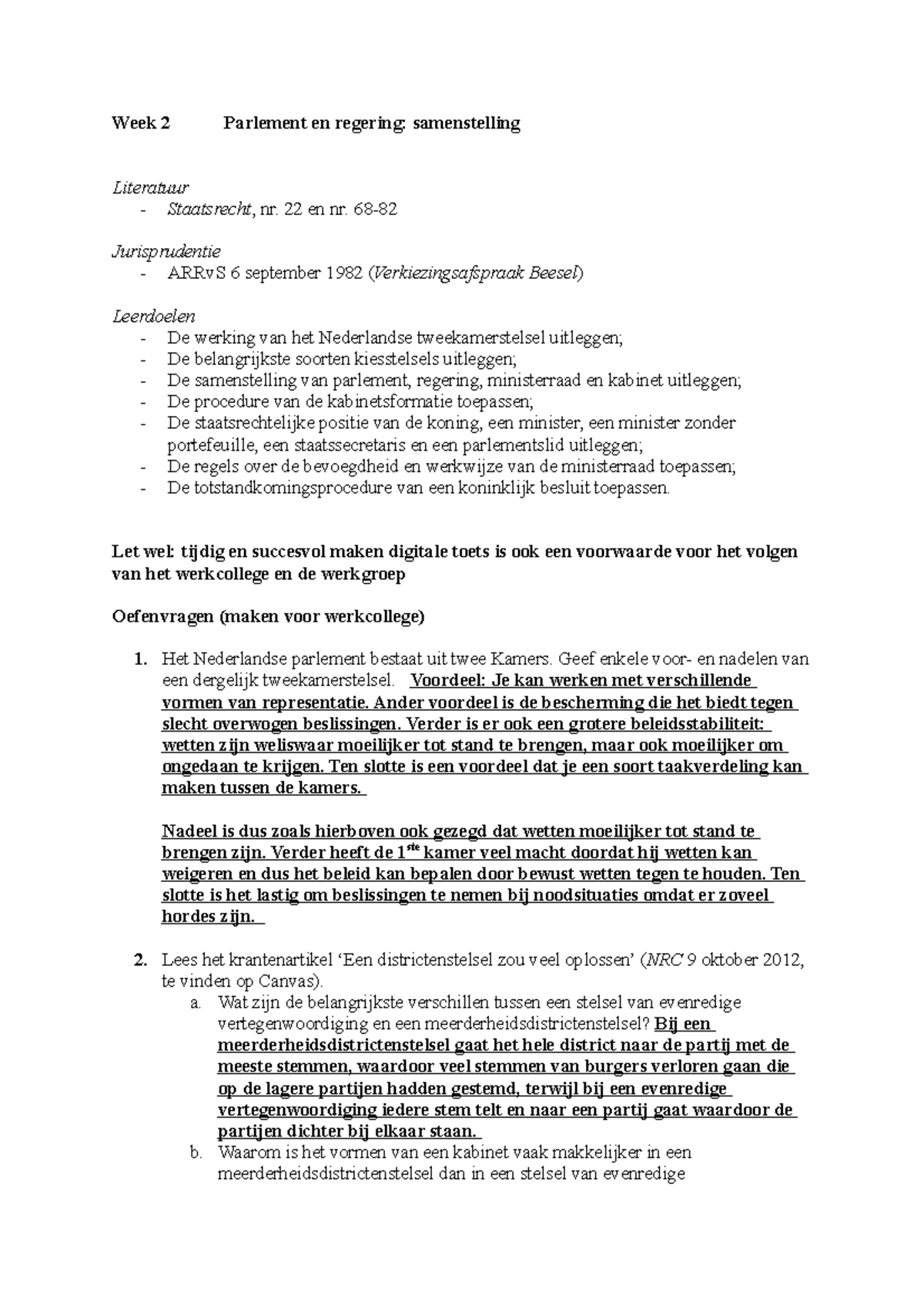 Werkboek Week 2 - Week 2 Parlement En Regering: Samenstelling ...