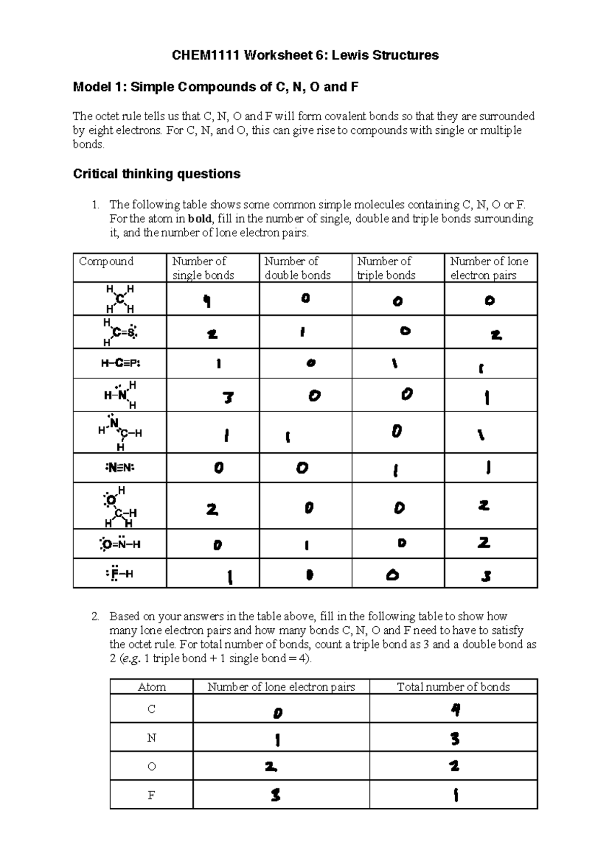 CHEM1111 Tutorial+06 - CHEM1111 Worksheet 6: Lewis Structures Model 1 ...