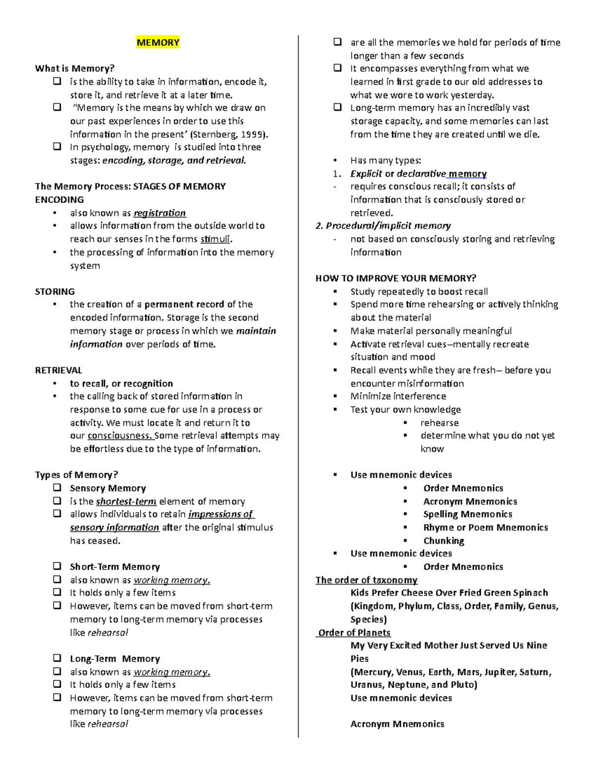 Memory Notes (General Psychology) - MEMORY What is Memory? is the ...