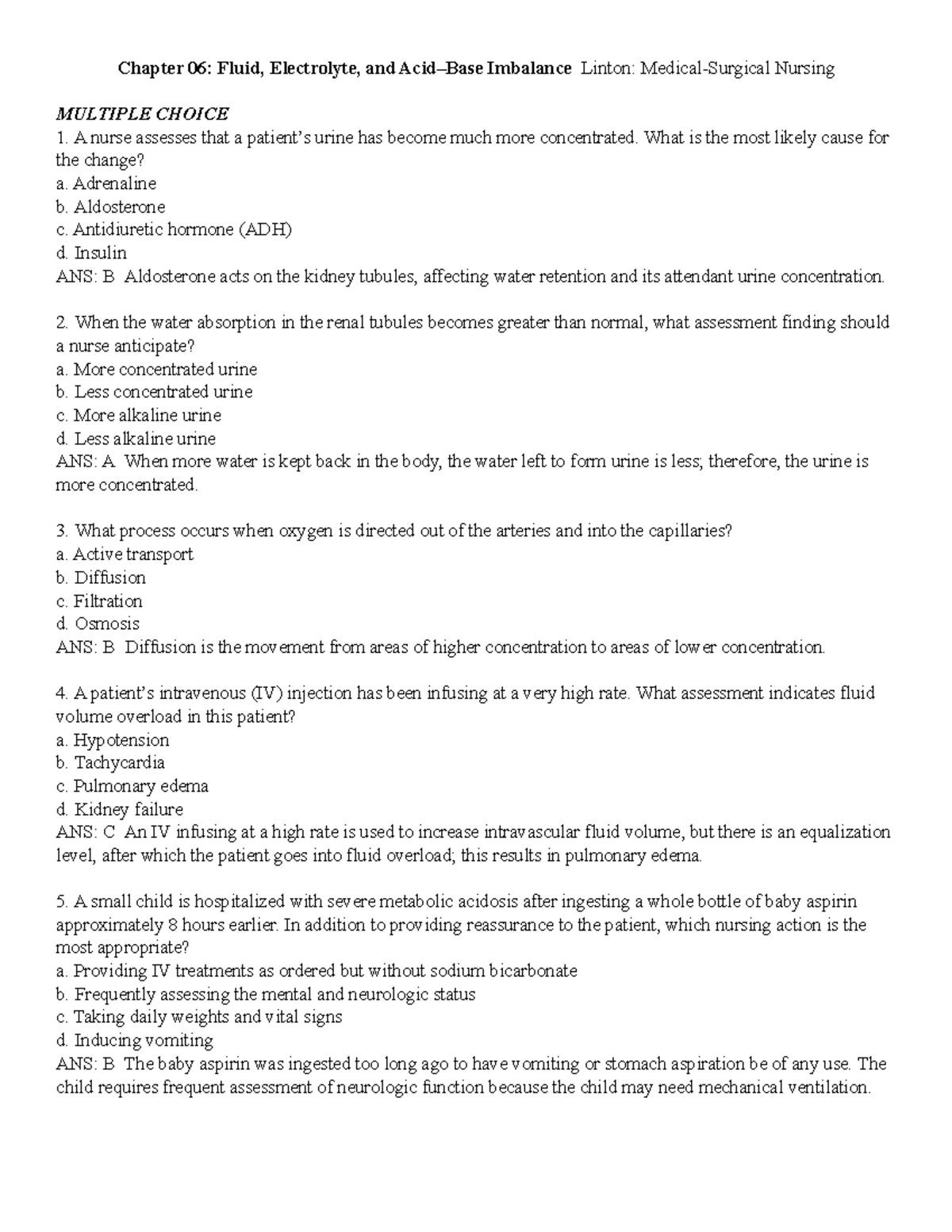 Linton Chapter 6 Sample test questions - Chapter 06: Fluid, Electrolyte ...
