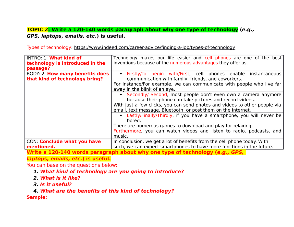 NEW Topic 2 ONE TYPE OF Technology - TOPIC 2: Write A 120- 140 Words ...