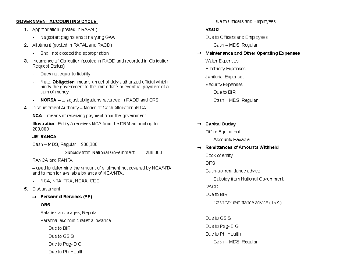 Reviewer Government Accounting - GOVERNMENT ACCOUNTING CYCLE ...