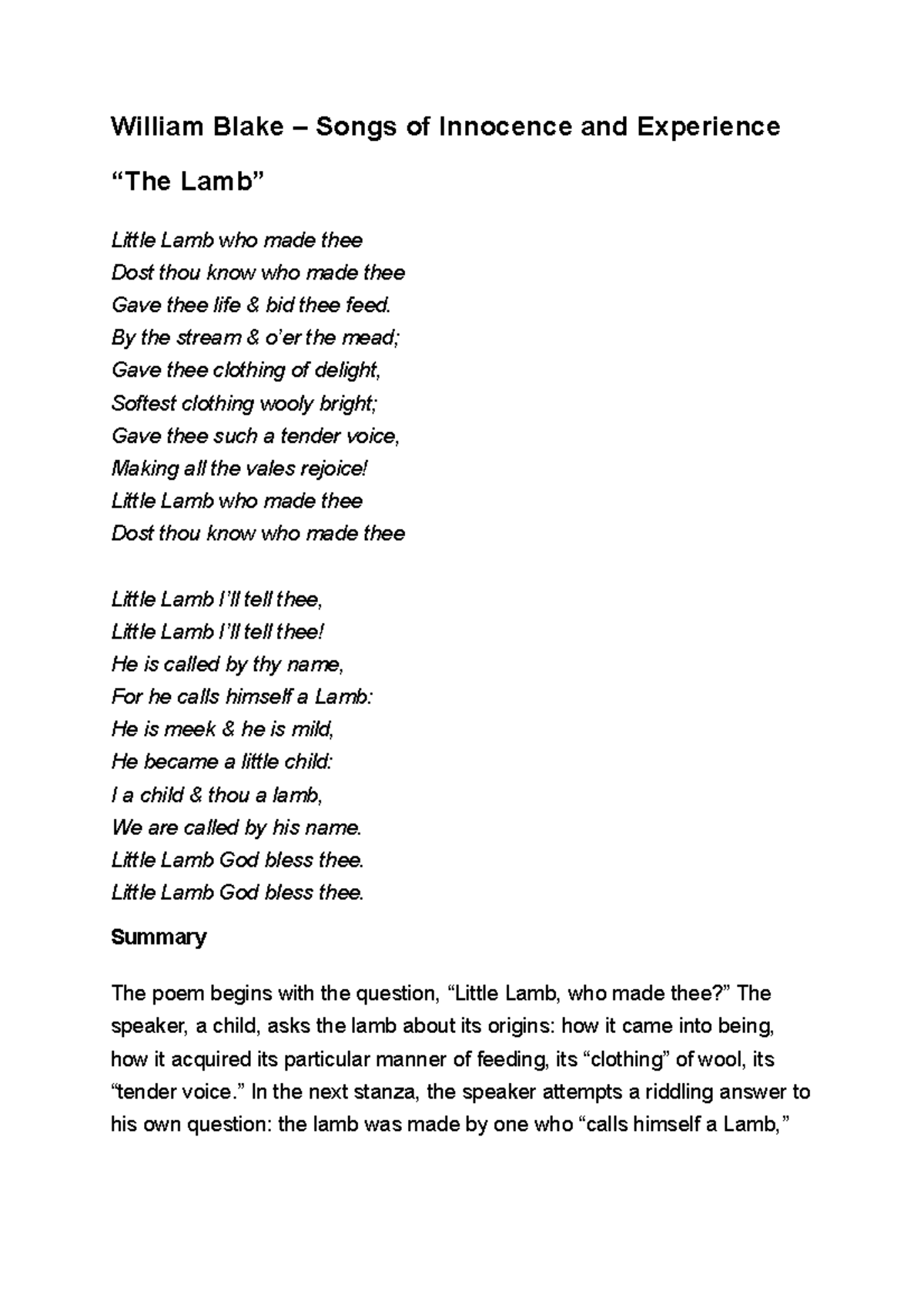 William Blake Songs Of Innocence And Experience Summary And 