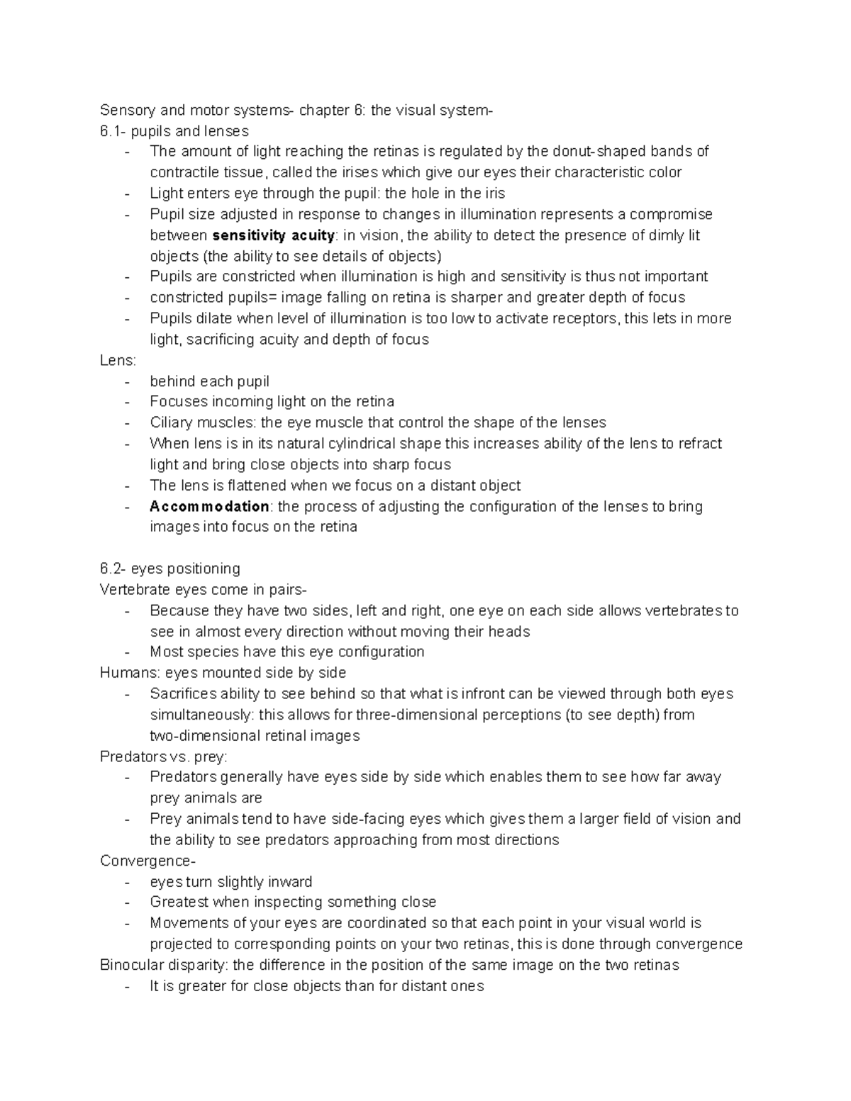 PSYC 2410- chapter 6 the visual system - Sensory and motor systems ...