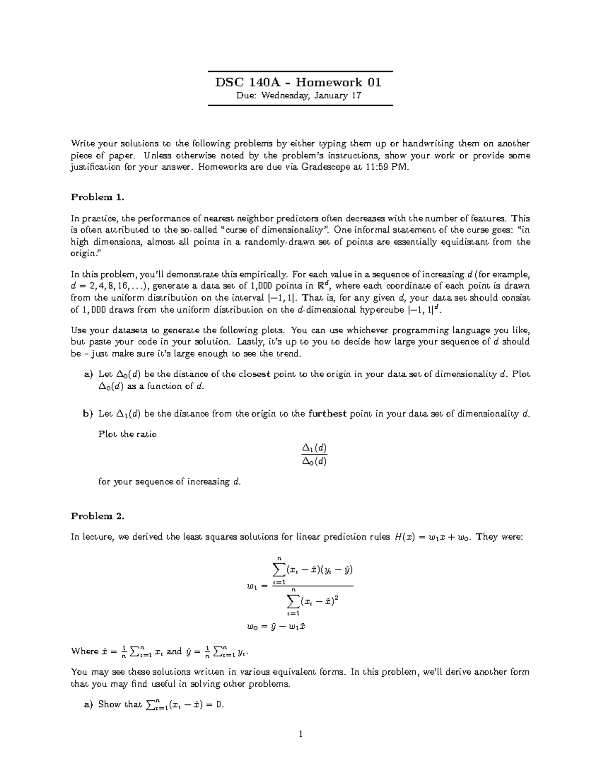 Homework HW1 DSC 140A Homework 01 Due Wednesday, January 17