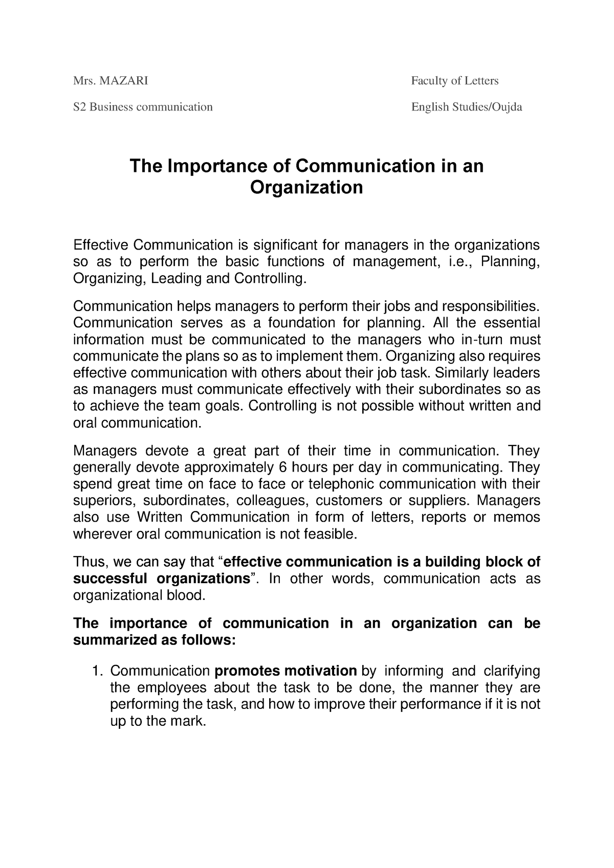 essay on communication in an organization