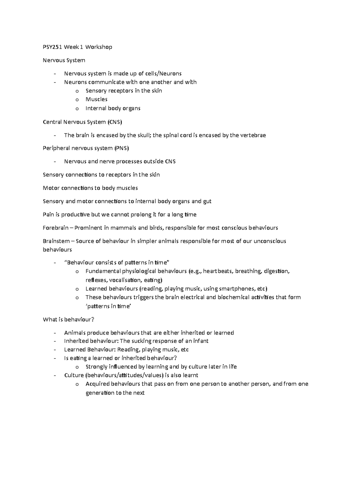 Week 1-4 compilation notes for PSY251 - PSY251 Week 1 Workshop Nervous ...