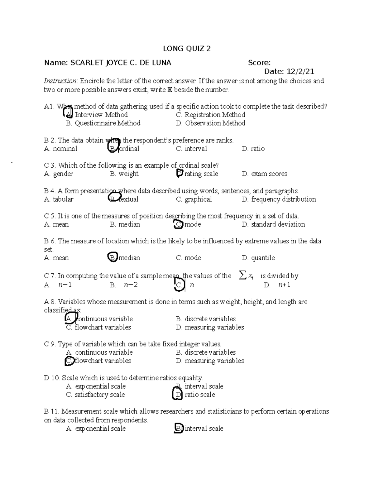 Midterm - GOODLUCKKK - LONG QUIZ 2 Name: SCARLET JOYCE C. DE LUNA Score ...