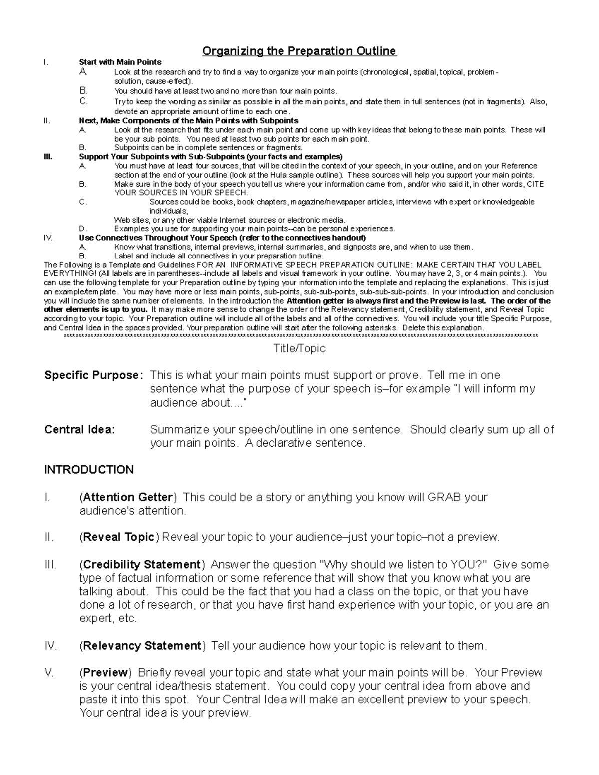 English practice - Organizing the Preparation Outline I. Start with ...