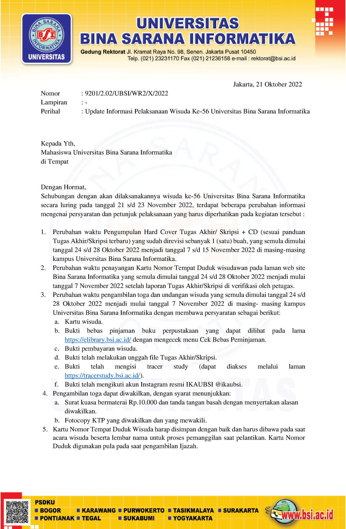 Surat Edaran Wisuda - Jakarta, 21 Oktober 2022 Nomor : 9201 /2/UBSI/WR2 ...