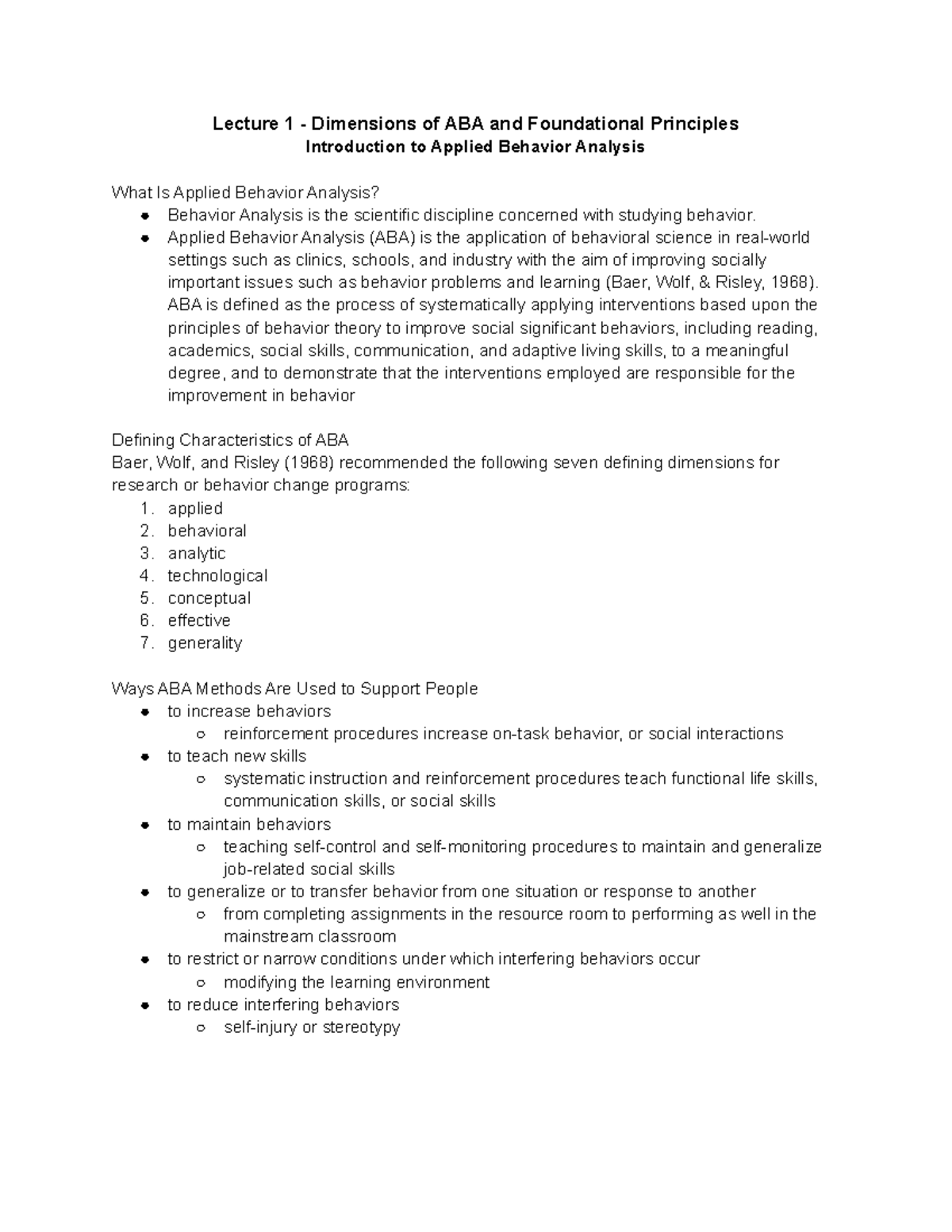 Lecture 1 - Dimensions of ABA and Foundational Principles (notes ...