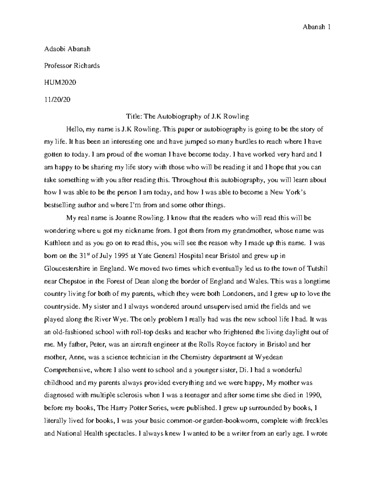 Hummanities QEP - End of class assignment - Adaobi Abanah Professor ...