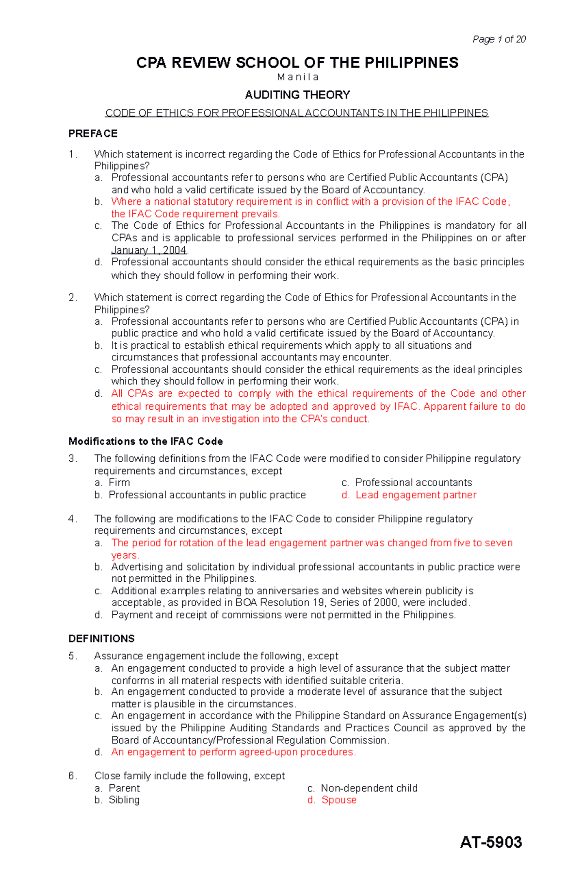 AT (07) Code of Ethics CPA REVIEW SCHOOL OF THE PHILIPPINES M a n i l a AUDITING THEORY CODE