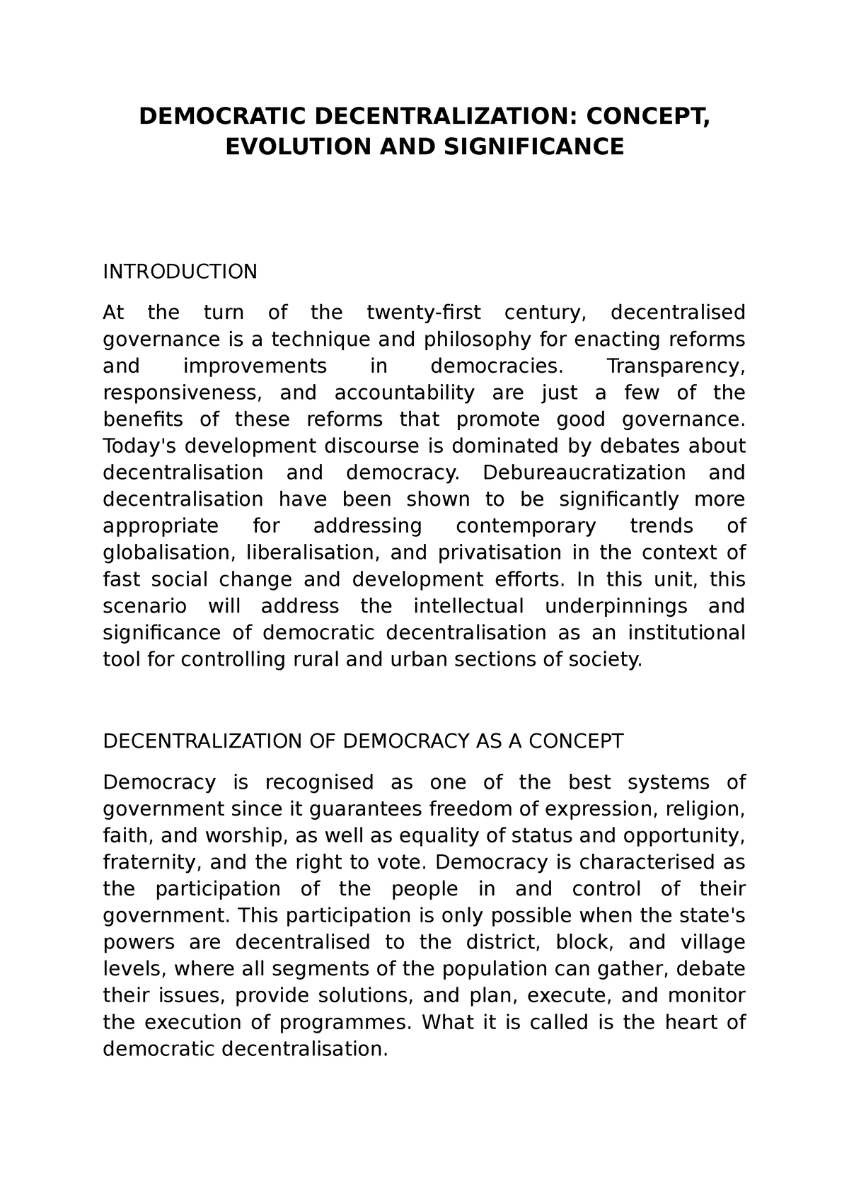 write a summary of the essay democratic decentralization