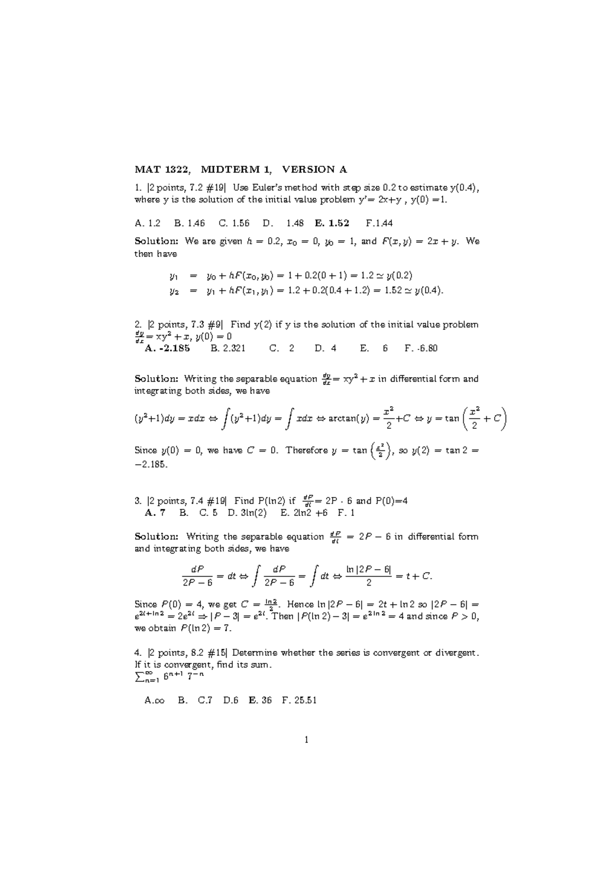 Midterm Exam 2004, Version A & B - Questions - MAT 1322, MIDTERM 1 ...