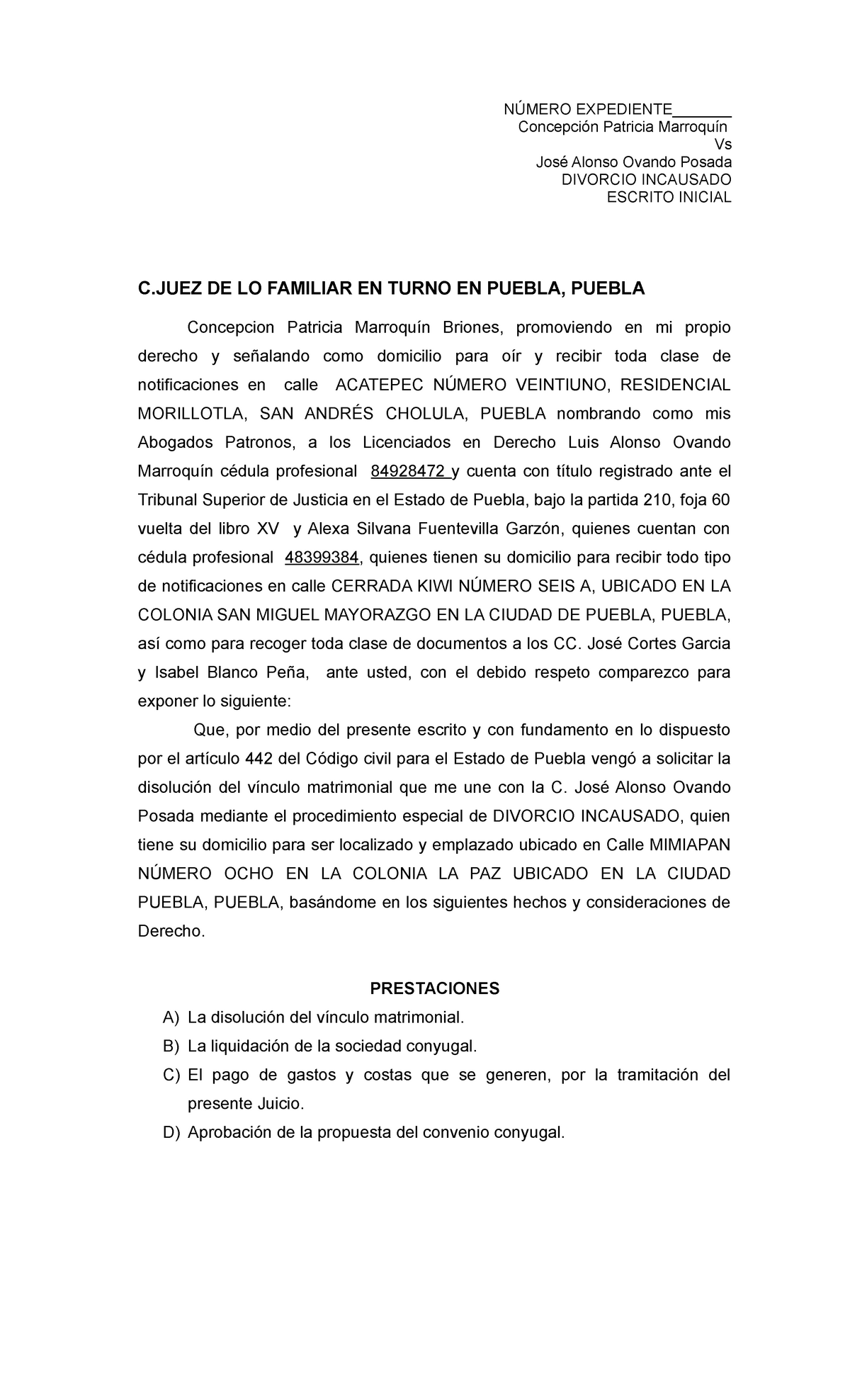 Divorcio incausado - NÚMERO EXPEDIENTE_______ Concepción Patricia Marroquín  Vs José Alonso Ovando - Studocu