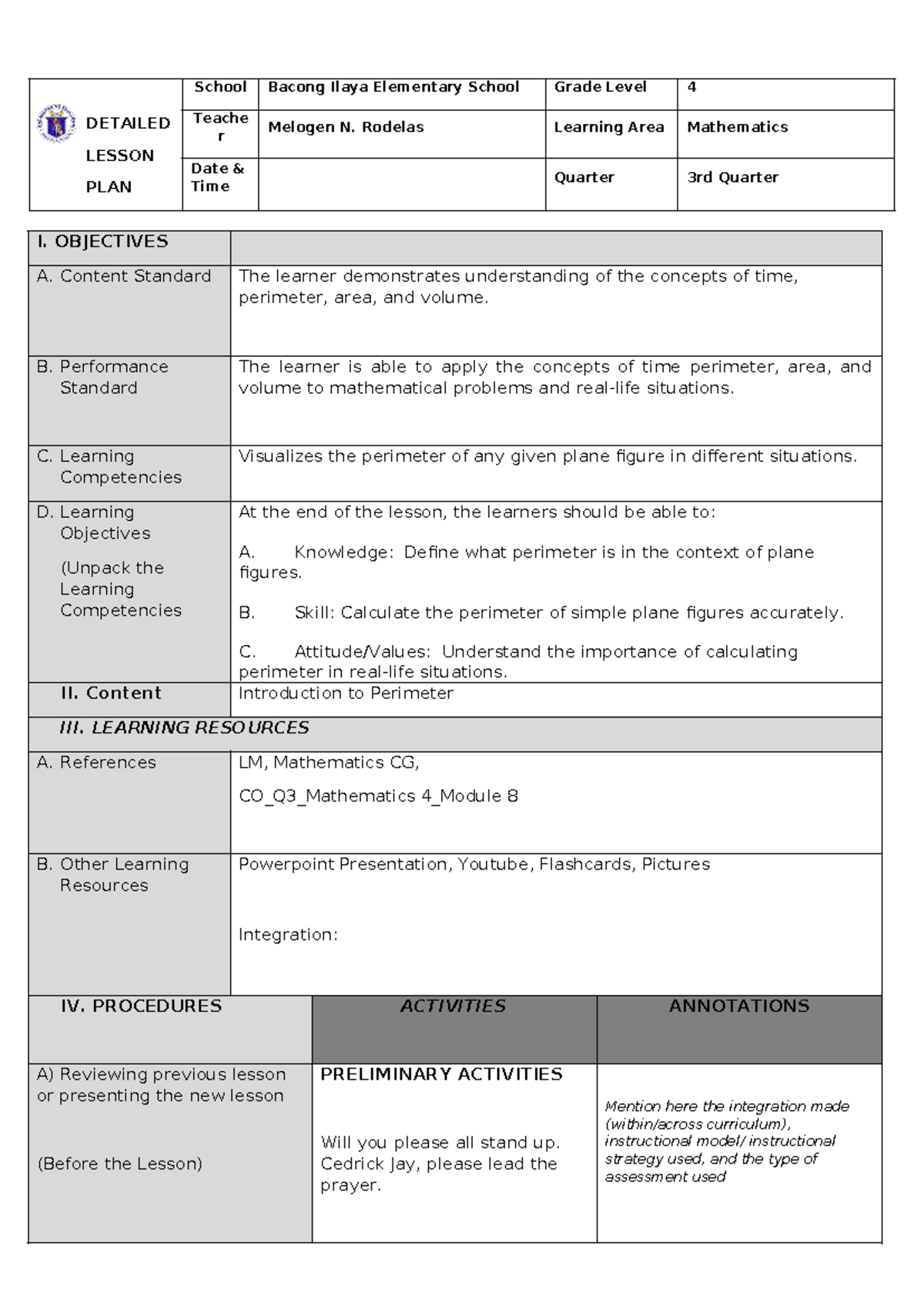 Lesson Plan Day 1 - DETAILED LESSON PLAN School Bacong Ilaya Elementary ...