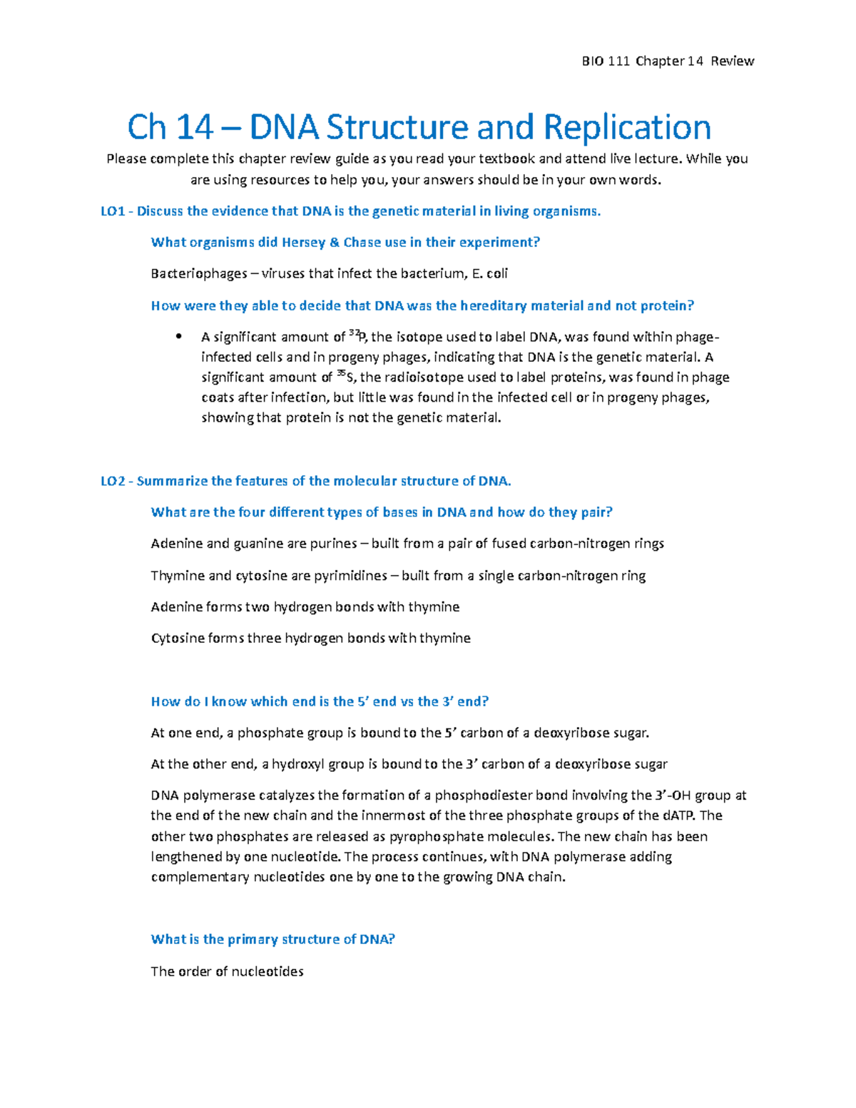 Review Sheet Ch 14 - DNA Replication - Ch 14 – DNA Structure And ...