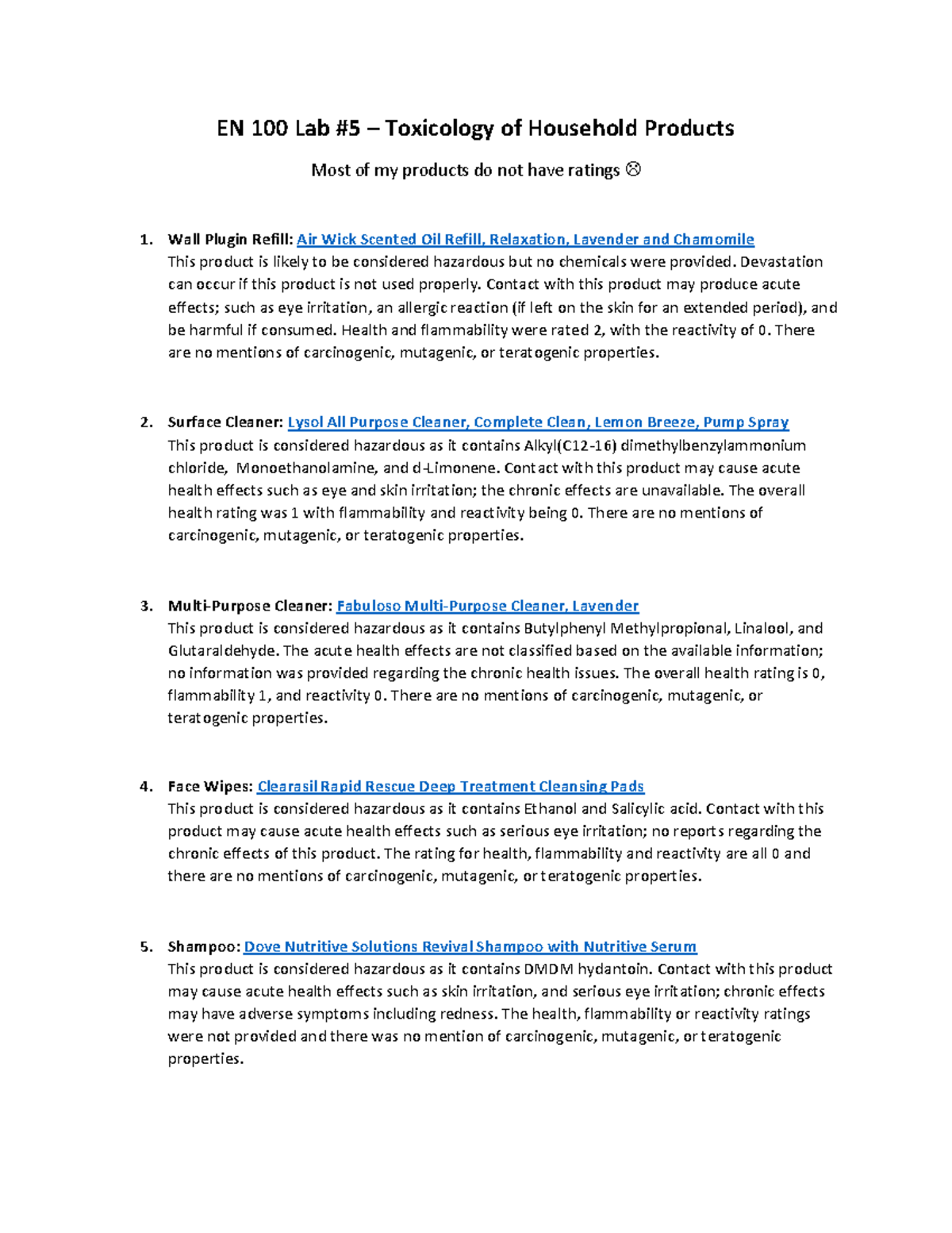 Lab 5 Teacher browniee EN 100 Lab 5 Toxicology of Household
