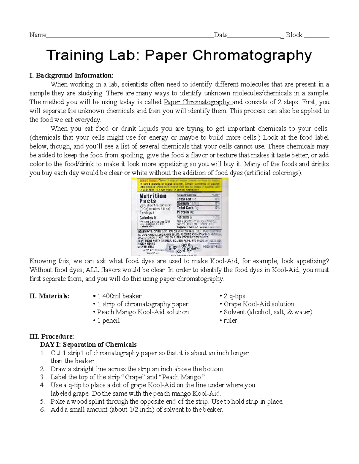 Kool aid chromatography lab training lab Name Date _ Block Training