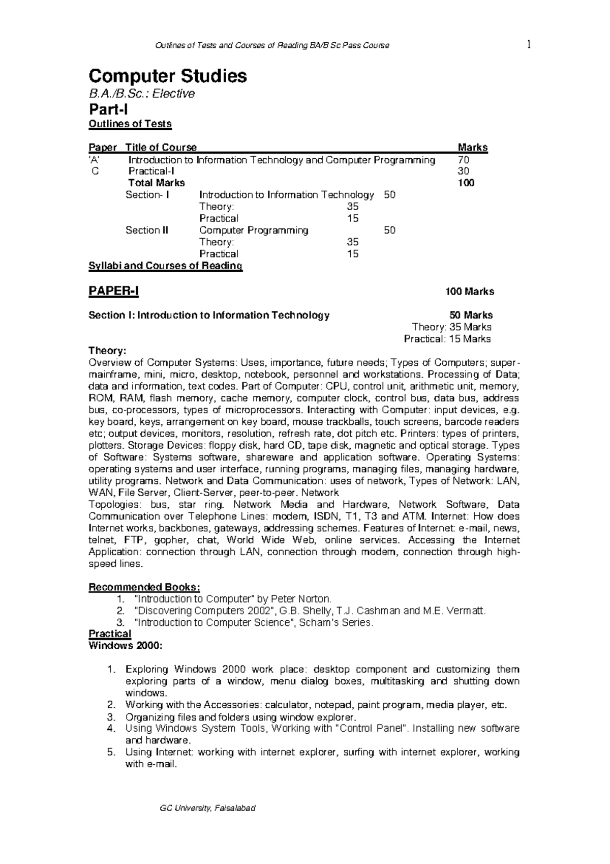 Computer Studies - A./B.: Elective Part-I Outlines of Tests Paper Title ...