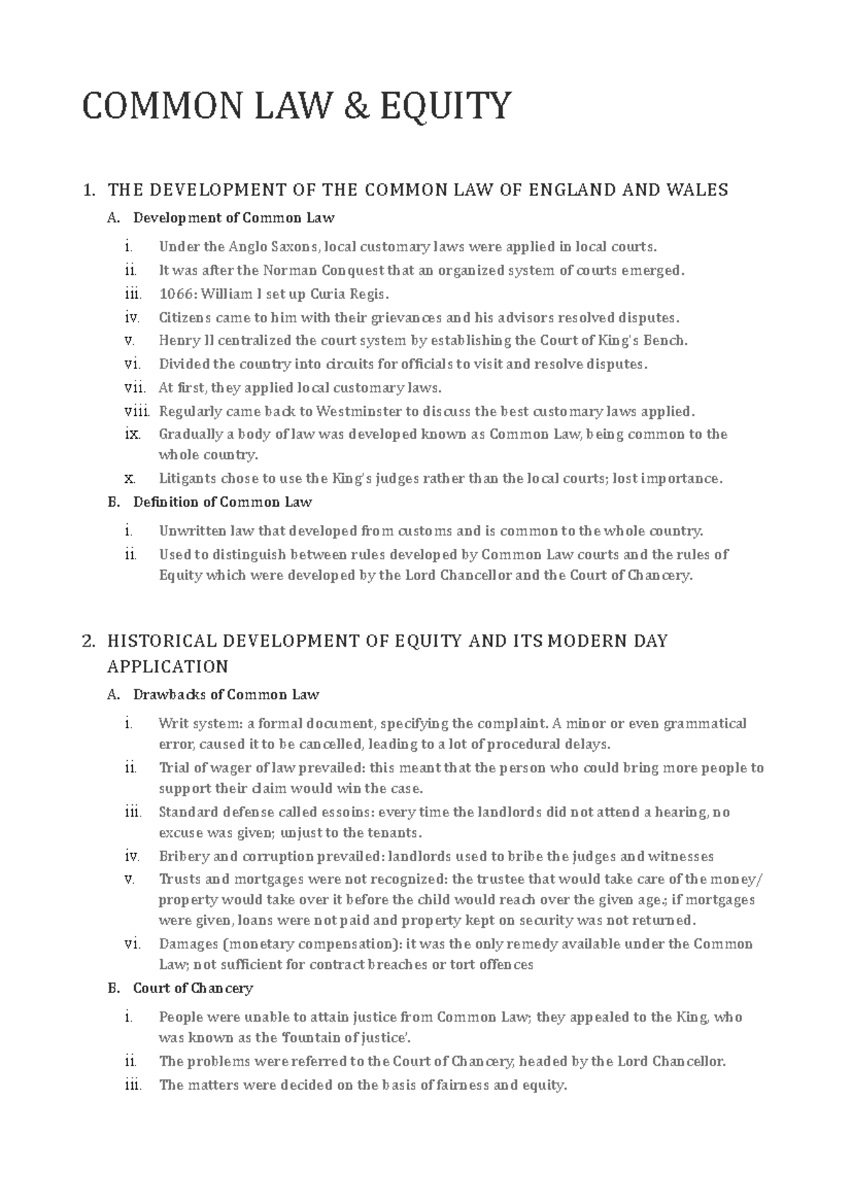 Common Law & Equity Notes - COMMON LAW & EQUITY 1. THE DEVELOPMENT OF ...