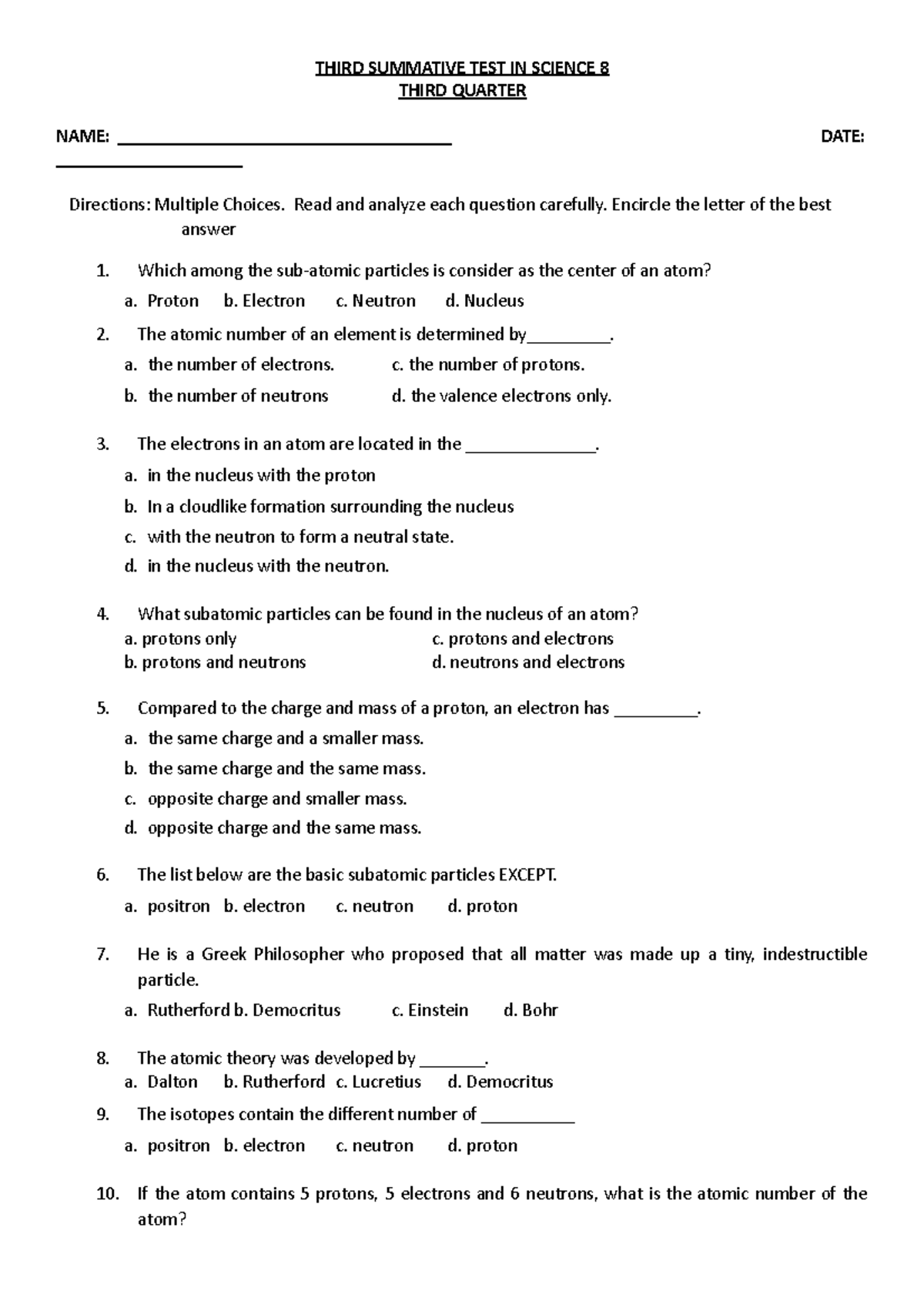 3rd Summative - exam - THIRD SUMMATIVE TEST IN SCIENCE 8 THIRD QUARTER ...