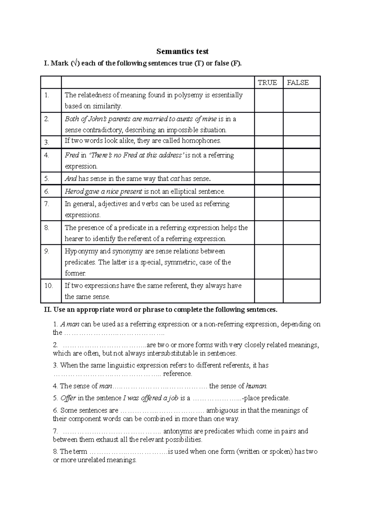Sem.practice.test.02 - Semantics test I. Mark (√) each of the following ...